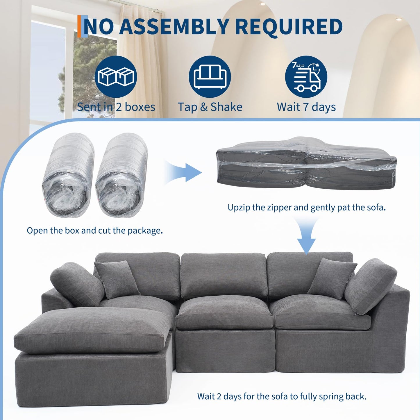 Modular Sectional Couches for Living Room, 110" Cloud Couch, 4 Seater l-Shaped Chenille Sofa Movable Ottoman