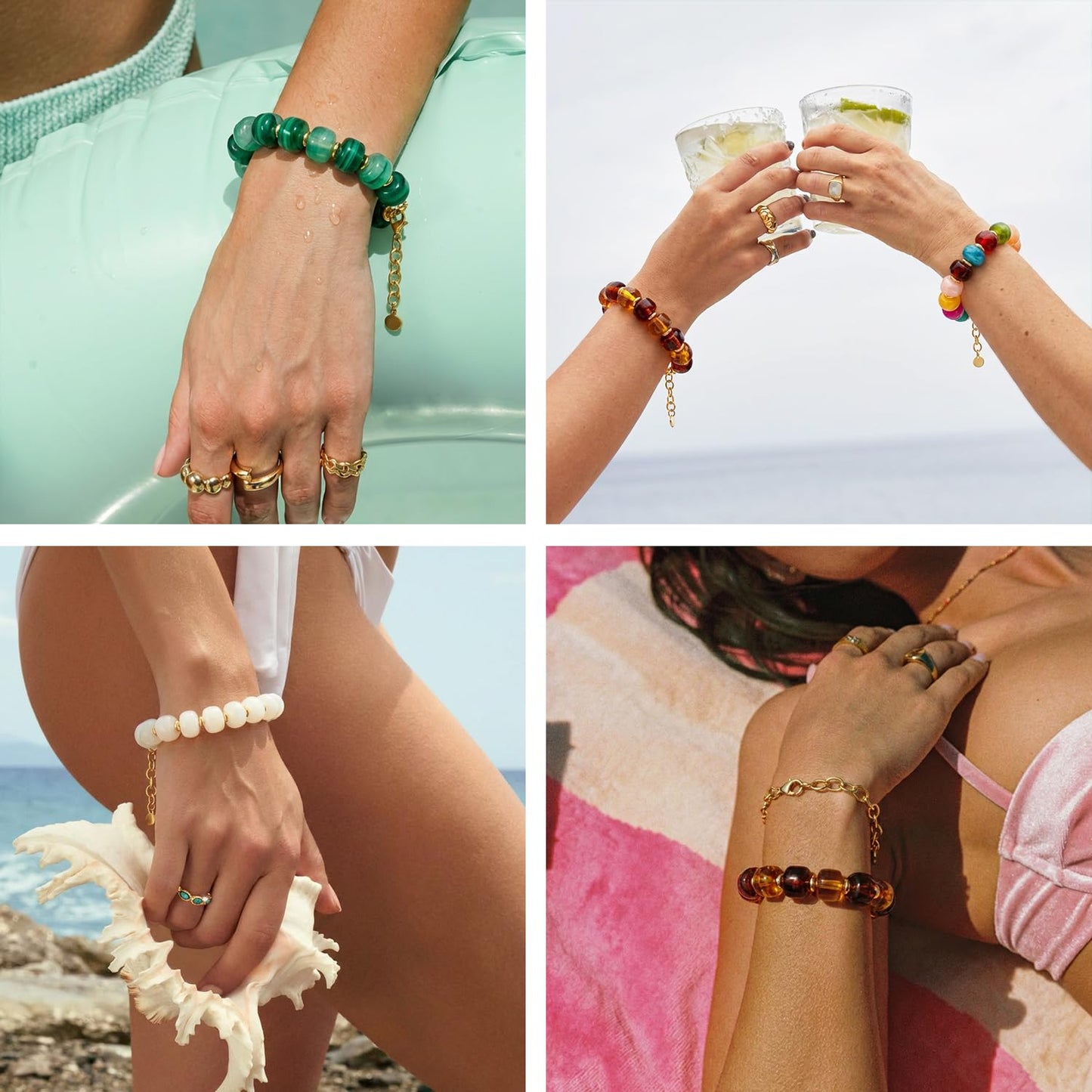 TENTMENTISE Beaded Bracelets for Women, White Beaded Bracelets for Women Trendy, Chunky Gold Plated Bracelets, Womens Boho Summer Beach Jewelry Gifts for Vacation Holiday