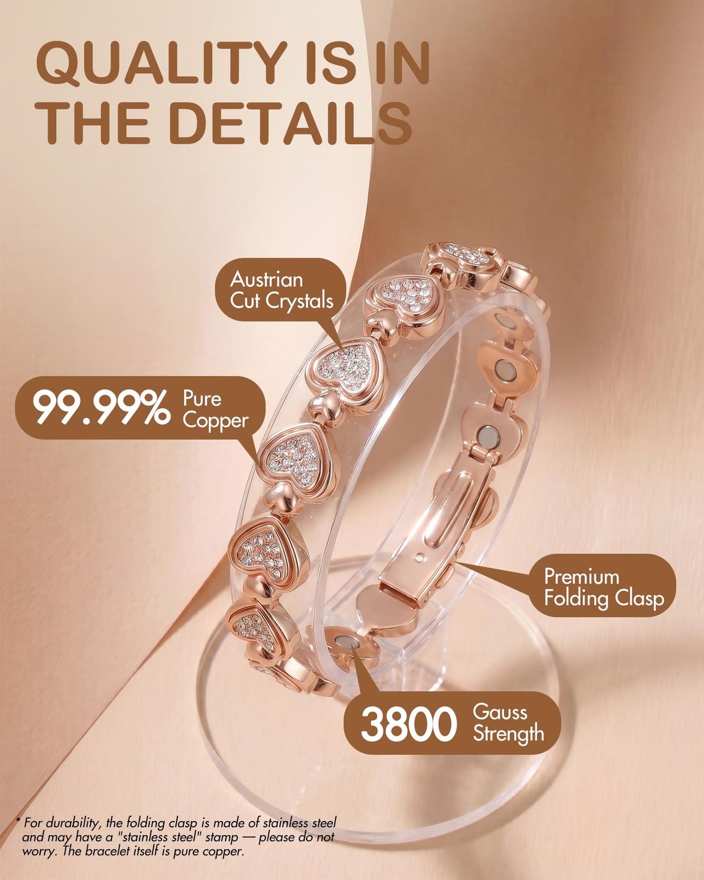 Feraco Pure Copper Bracelets for Women, Ultra Strength Magnetic Bracelet for Women with 3800 Gauss Magnet & Dazzling Austrian Crystals Stone, Heart-Shaped (Rose Gold, 7.68 inches (19.5cm))