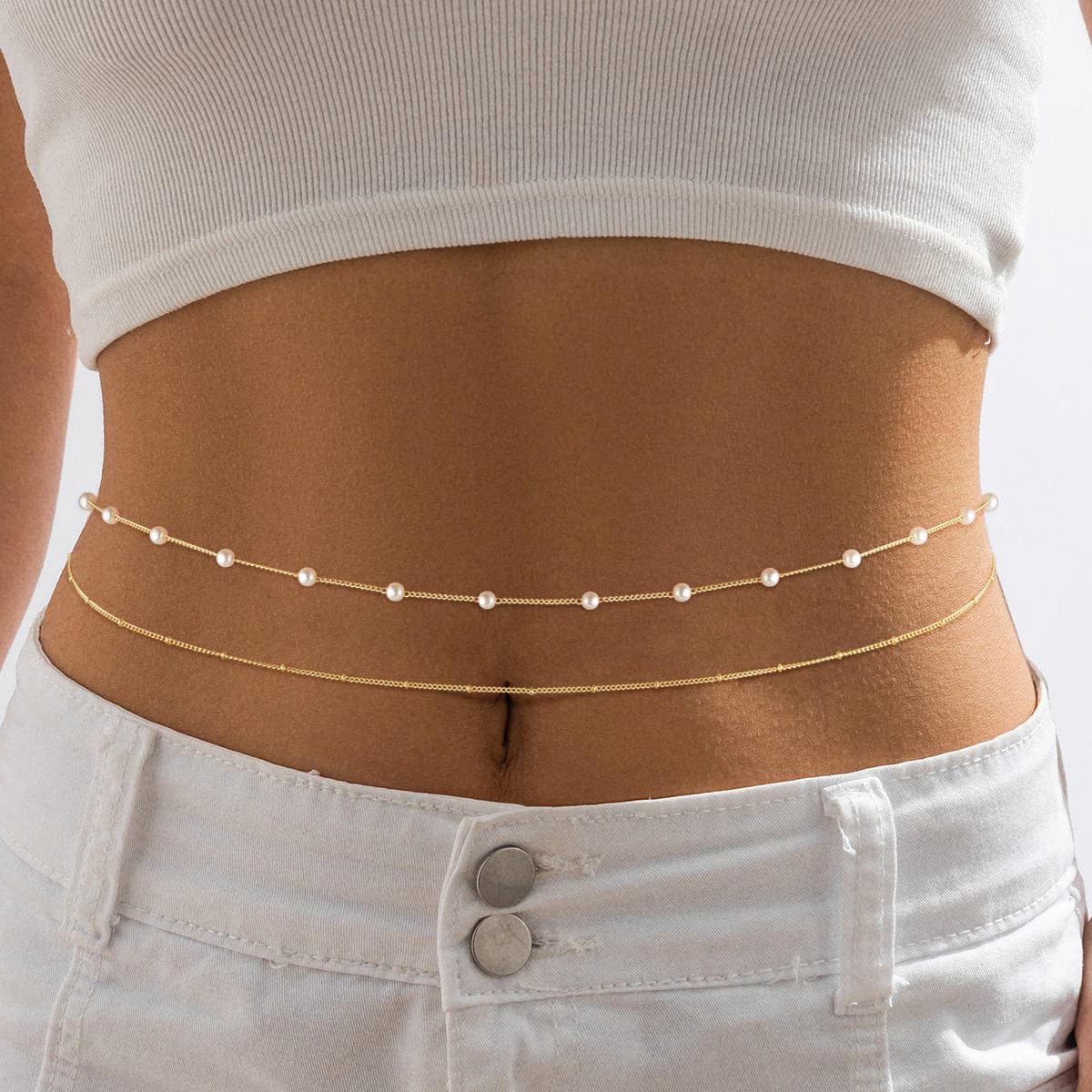 Sargetou Gold Waist Chain for Women Waterproof,14k Gold Plated Satellite Beaded Pearl Body Jewelry Chains Sexy Bikini 2PCS Belly Belt Beach Gift Adjustable 26.5-33Inch