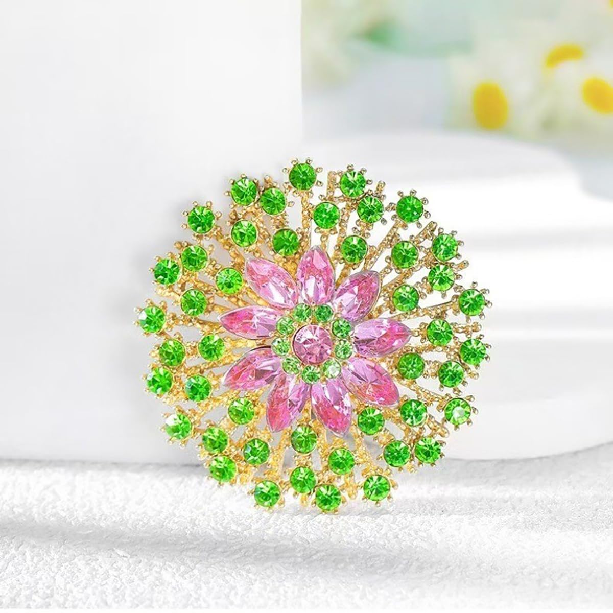 Rhinestone Crystal Flower Brooch Pin Sparkling Large Crystal Sunflower Brooch Vintage Floral Lapel Pins Rhinestone Flower Bouquet Broochs Rose Snowflake Broochs Wedding Bridal Dress Jewelry for Women (Green)