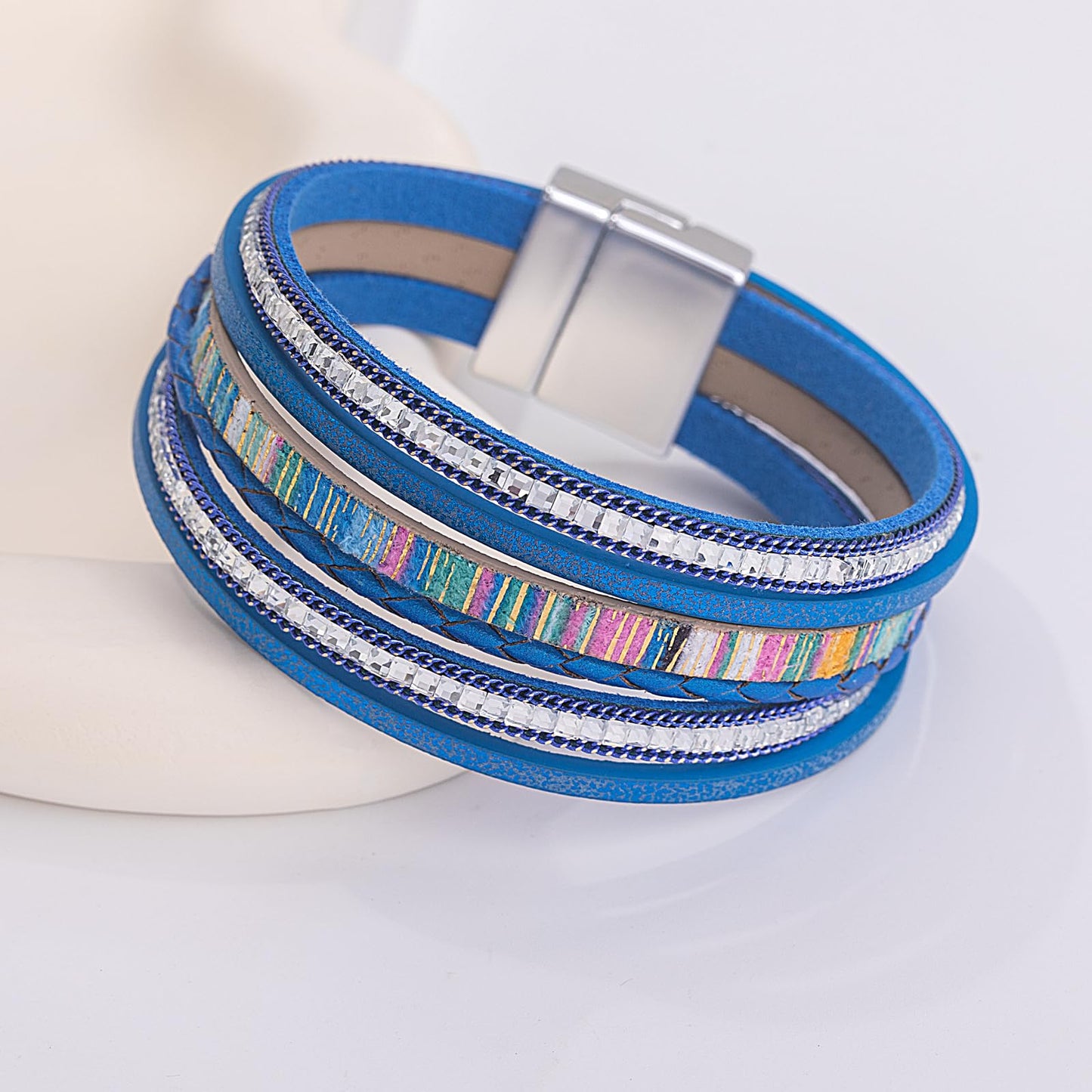 FANCY SHINY Boho Leather Wrap Bracelets Trendy Layered Bracelets with Magnetic Clasp Strackable Bohemian Cuff Jewelry Gifts for Women(Royal Blue)
