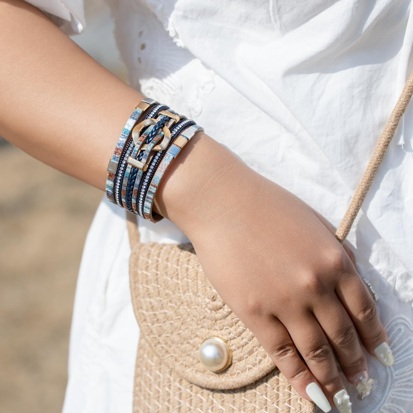FANCY SHINY Boho Leather Wrap Bracelets Circle Square Bead Braided Handmade Stackable Bracelet Trendy Cuff Bangle for Women(Boho Blue)