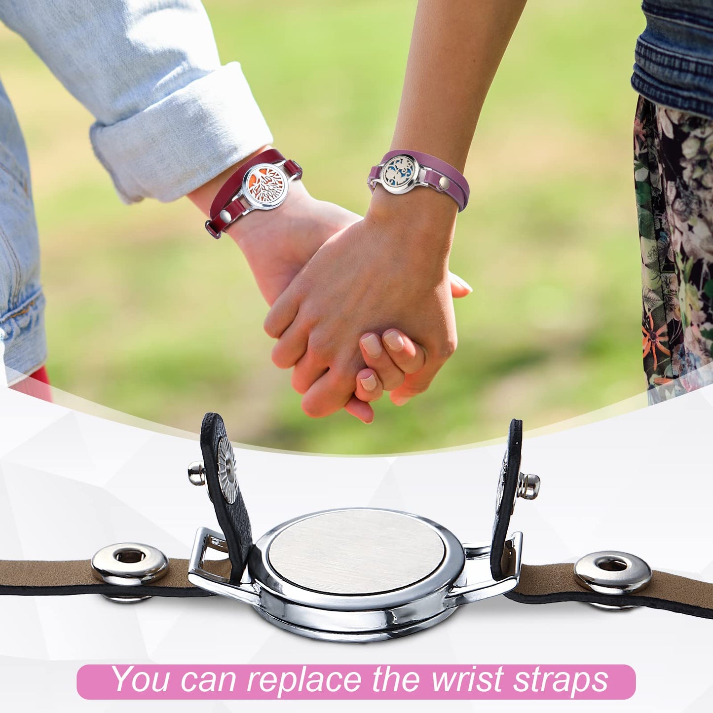 Bonuci 2 Pcs Essential Oil Diffuser Bracelet Aromatherapy Fragrance Locket Bracelet Adjustable with 6 Replacement Leather Band and 18 Refill Pad Gift Set for Women Girls Wife Friend Christmas Birthday