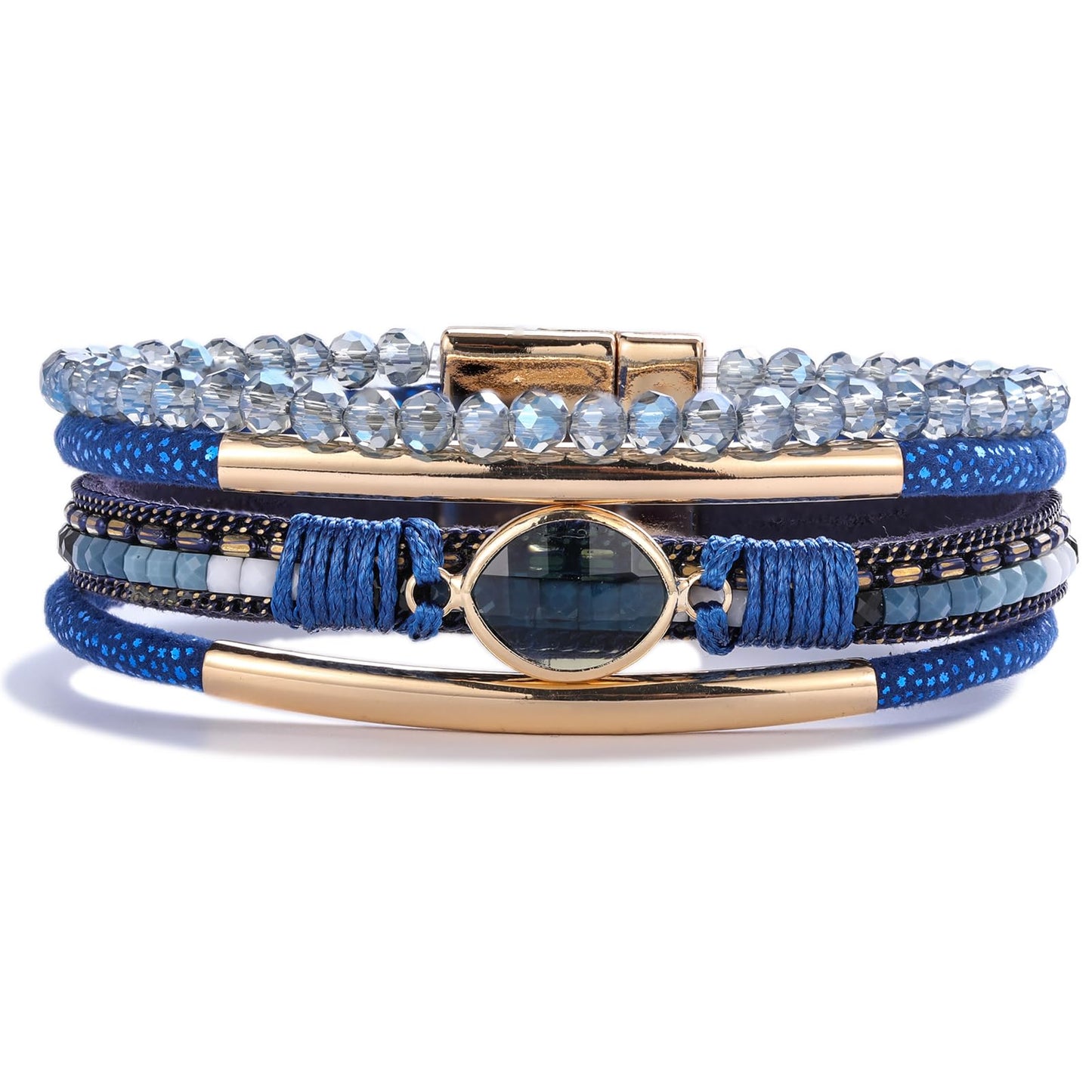 FANCY SHINY Leather Wrap Bracelets Crystal Beads Bracelet Boho Cuff Stone Charm Bracelets with Clasp Costume Jewelry for Women(Navy Blue)