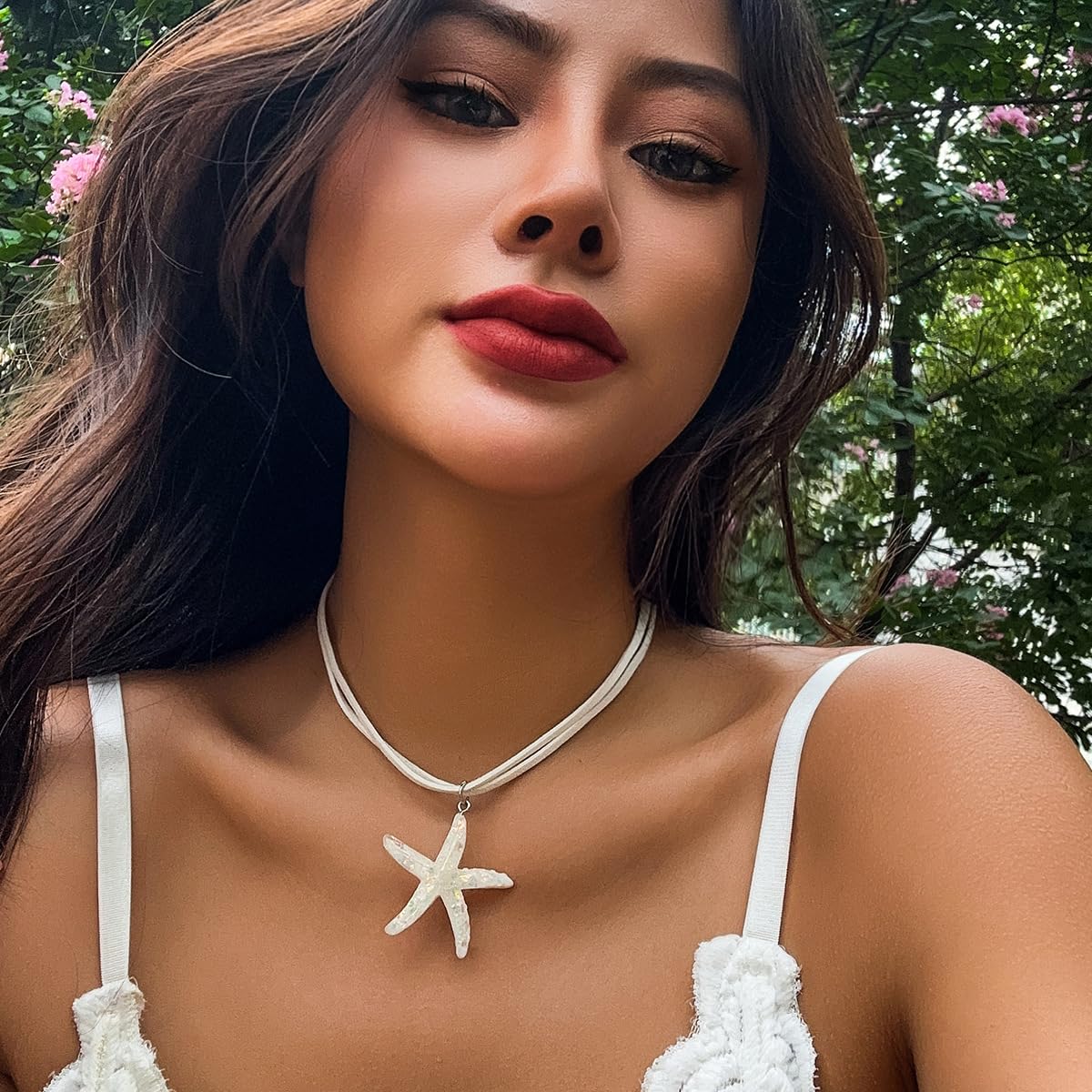 Layered Starfish Necklace Beach Jewelry for Women Seashell Cowrie Puka Shell Necklaces for Women Beach Necklace Turtle Beaded Choker Necklaces Ocean Jewelry (3 - White)