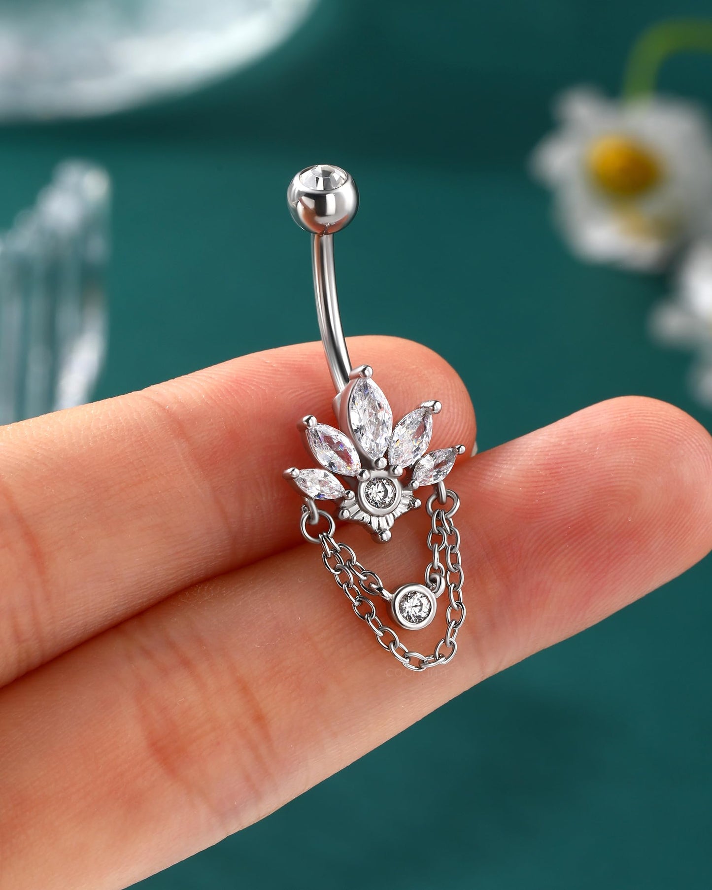 COCHARM 14G Lotus Belly Button Rings Dangle Belly Navel Rings for Women Surgical Steel Navel Piercing jewelry