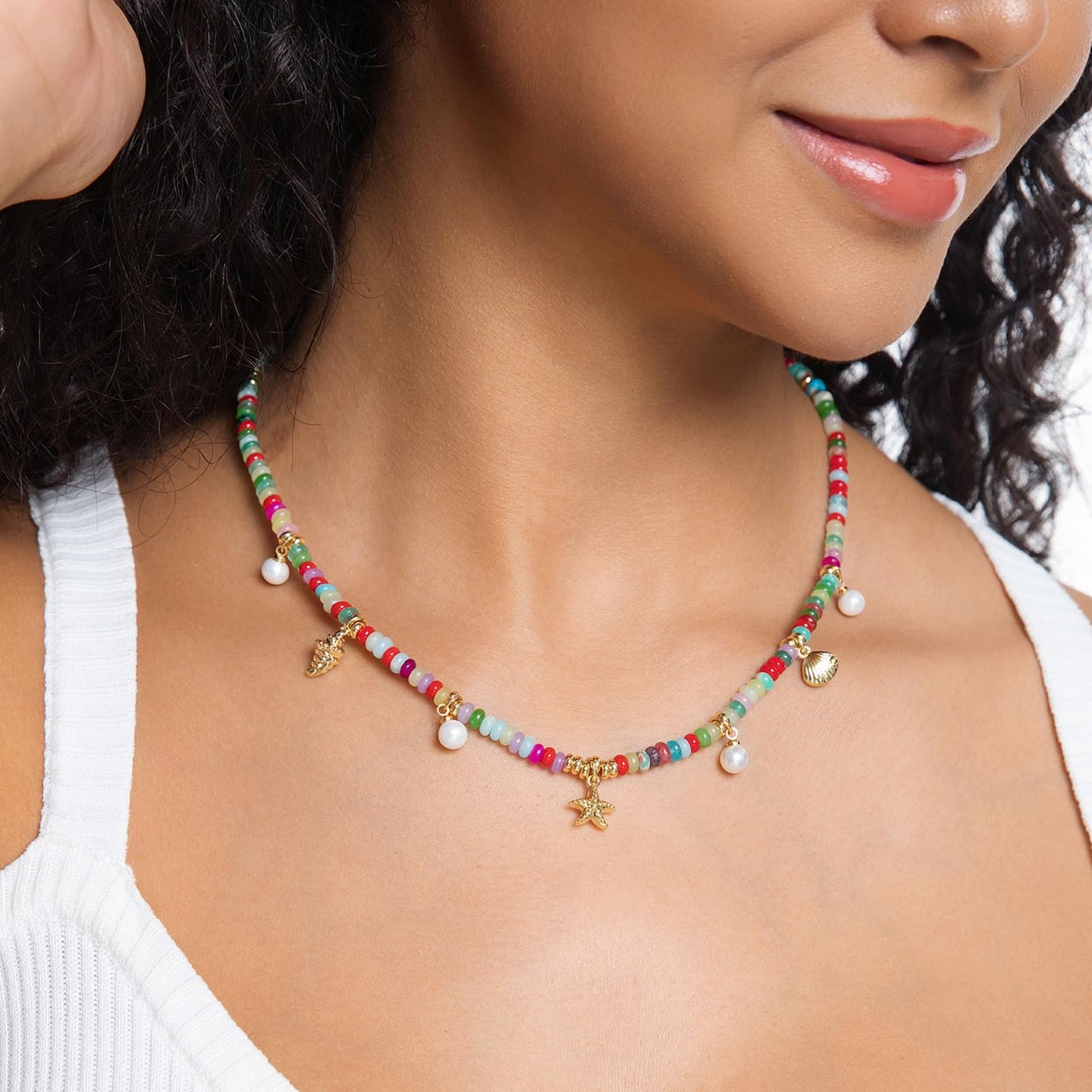 Charm Necklace for Women Colorful Beaded Gemstone Choker 14K Gold Beach Seashell Pearl Pendant Necklace Natural Stone Handmade Jewelry Gift