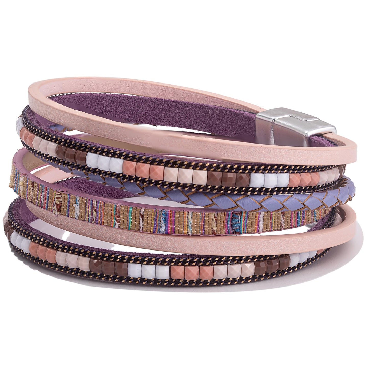 FANCY SHINY Boho Leather Wrap Bracelets Trendy Layered Bracelets with Magnetic Clasp Strackable Bohemian Cuff Jewelry Gifts for Women(Pink)