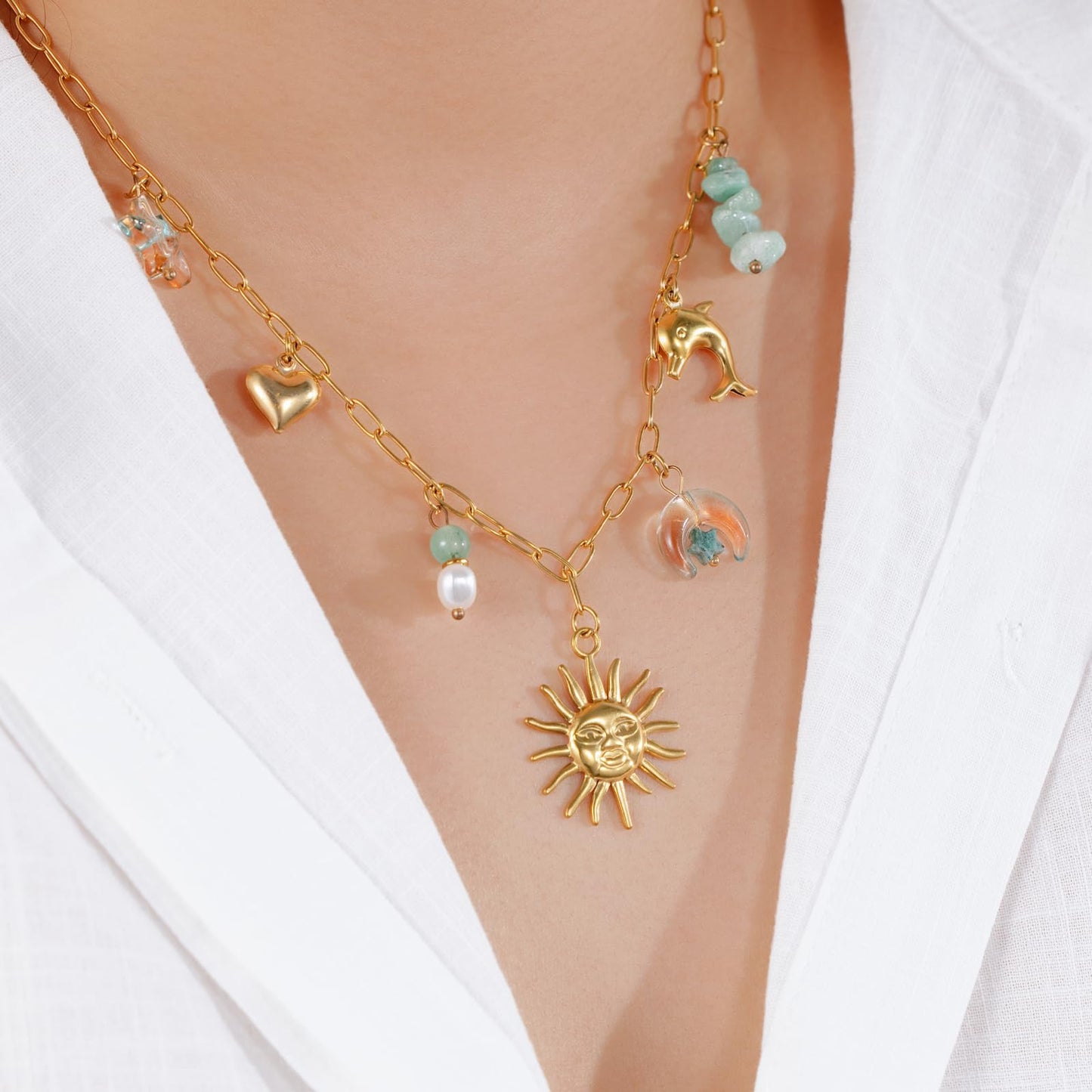 Chunky Gold Necklace Statement Boho Beach Ocean Summer Stainless Steel Jewelry Shell Starfish Turquoise Dolphin Pearl Sun Flower Wave Heart Fish Charm Choker Necklaces for Women(Sun Smile)