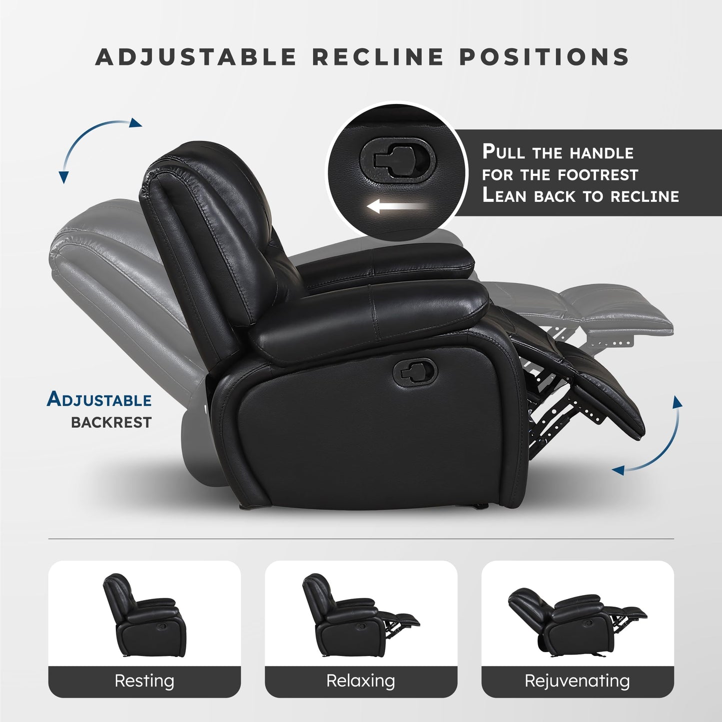 Lexicon Manual Double Reclining Loveseat - Top Grain Leather Match Manual Tab Pull Loveseat Recliner for Living Room, Wall Hugger, Pillow Top Arms, Padded Headrest, Foam Over Pocket Coils Seat, Black