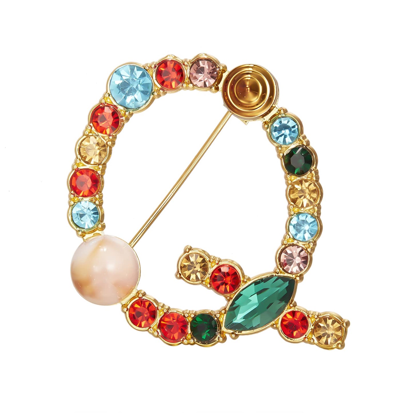 RINHOO Crystal Pearl Initial Brooch Gold Plated Enamel Colorful Letter Alphabet Breastpin Pin Jewelry for GIFTS (Gold Q)