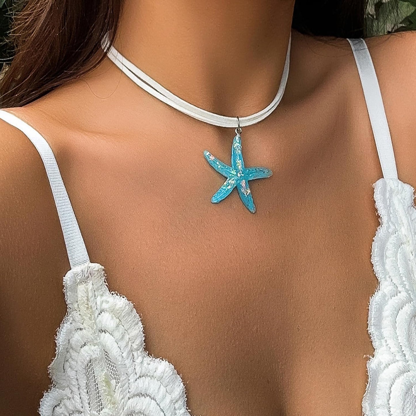 Decixde Starfish Necklace for Women Starfish Pendant Necklace Starfish Fringe Necklace Boho Layered Starfish Pendant Choker White Blue Necklace Summer Beach Necklaces Jewelry for Women Girls (blue)