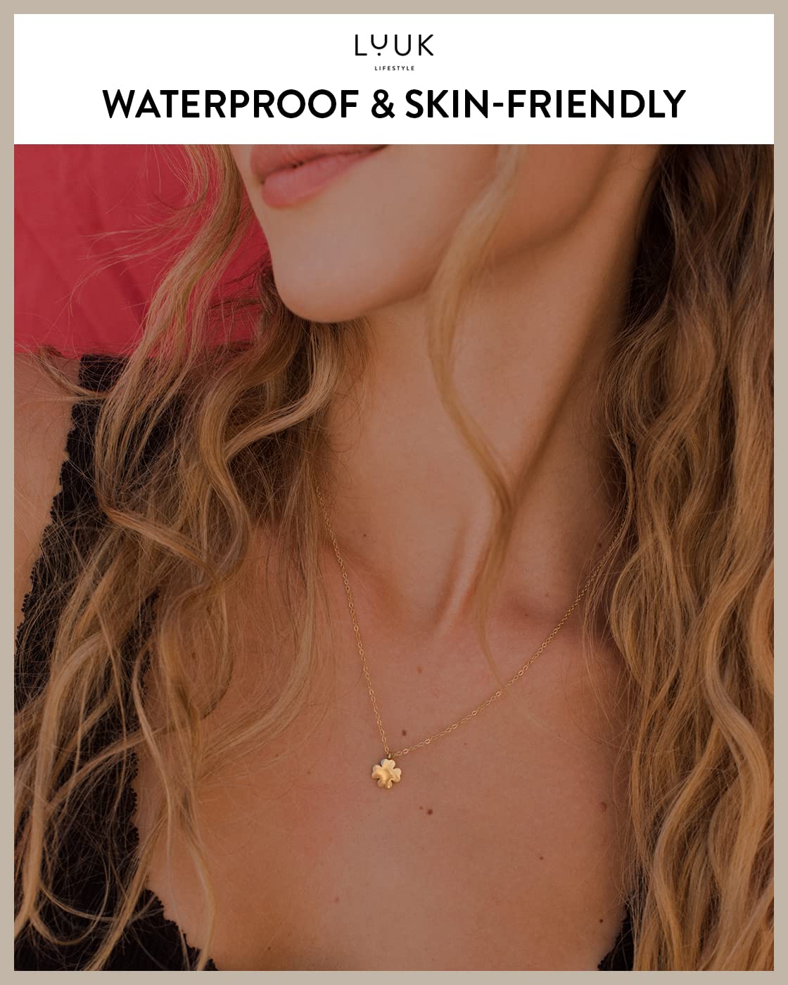 LUUK LIFESTYLE Feminine necklace made of stainless steel with clover pendant and HAPPINESS gift card, fashion jewelry for women and teenagers, 19”, travel lucky charm, trendy accessory for her, gold