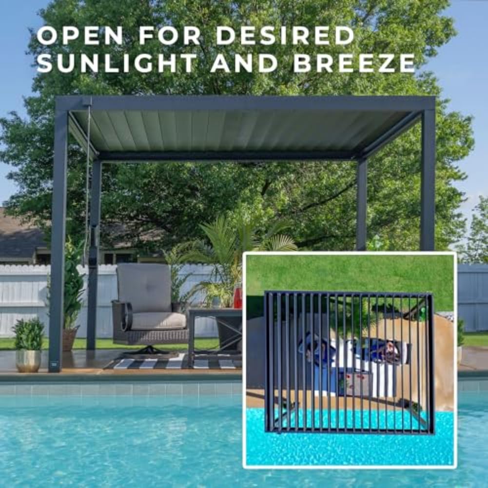 Backyard Discovery Sarasota 12' x 10' Galvanized Steel Louvered Pergola Kit with Adjustable Roof, Shade, Rain Protection, High-Wind Rating, Gutter System for Outdoor Patio, Garden, Deck, Entertaining