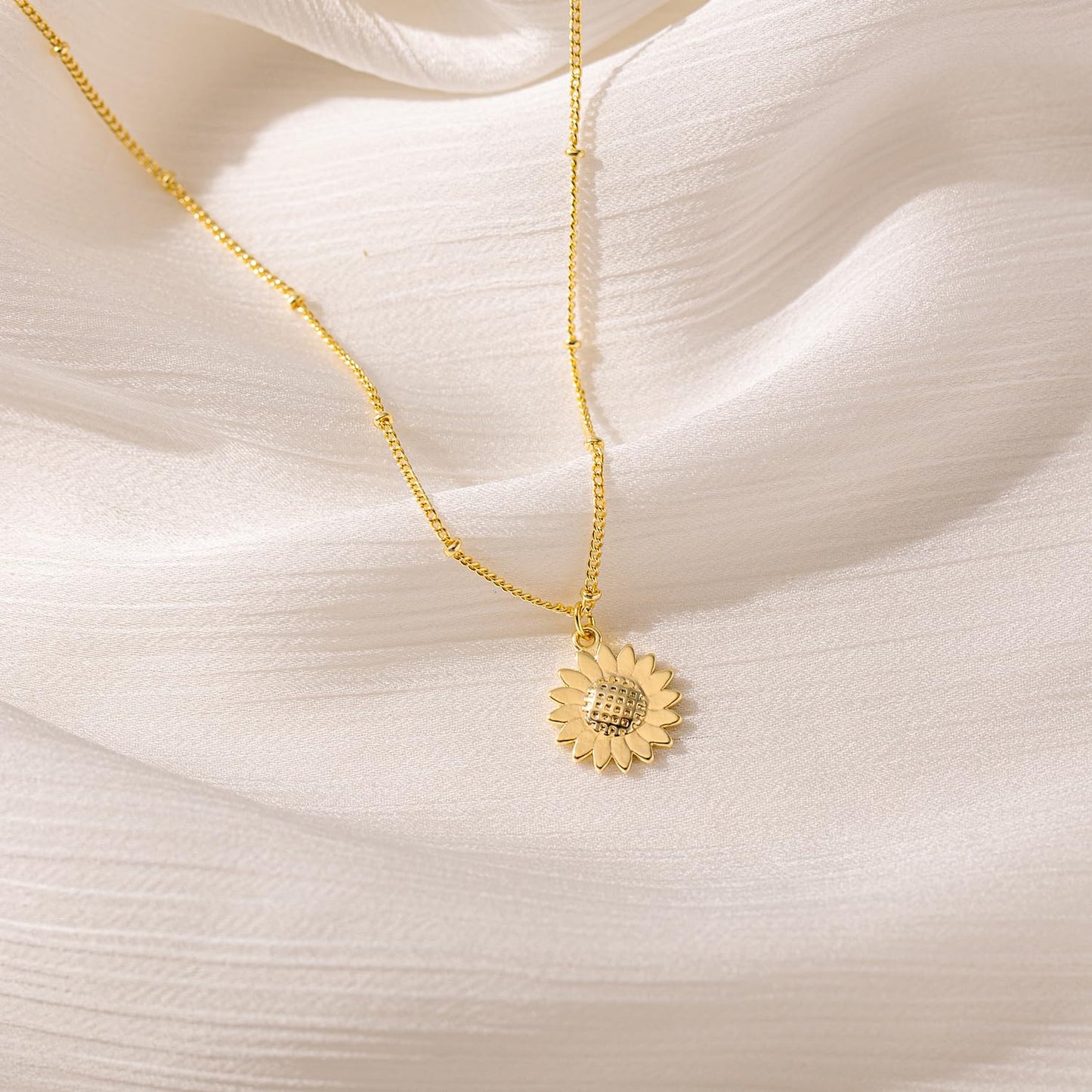 BSGRL Gold Necklace for Women: 14K Gold Plated Dainty Sunflower Necklace 16.5”+2” ext