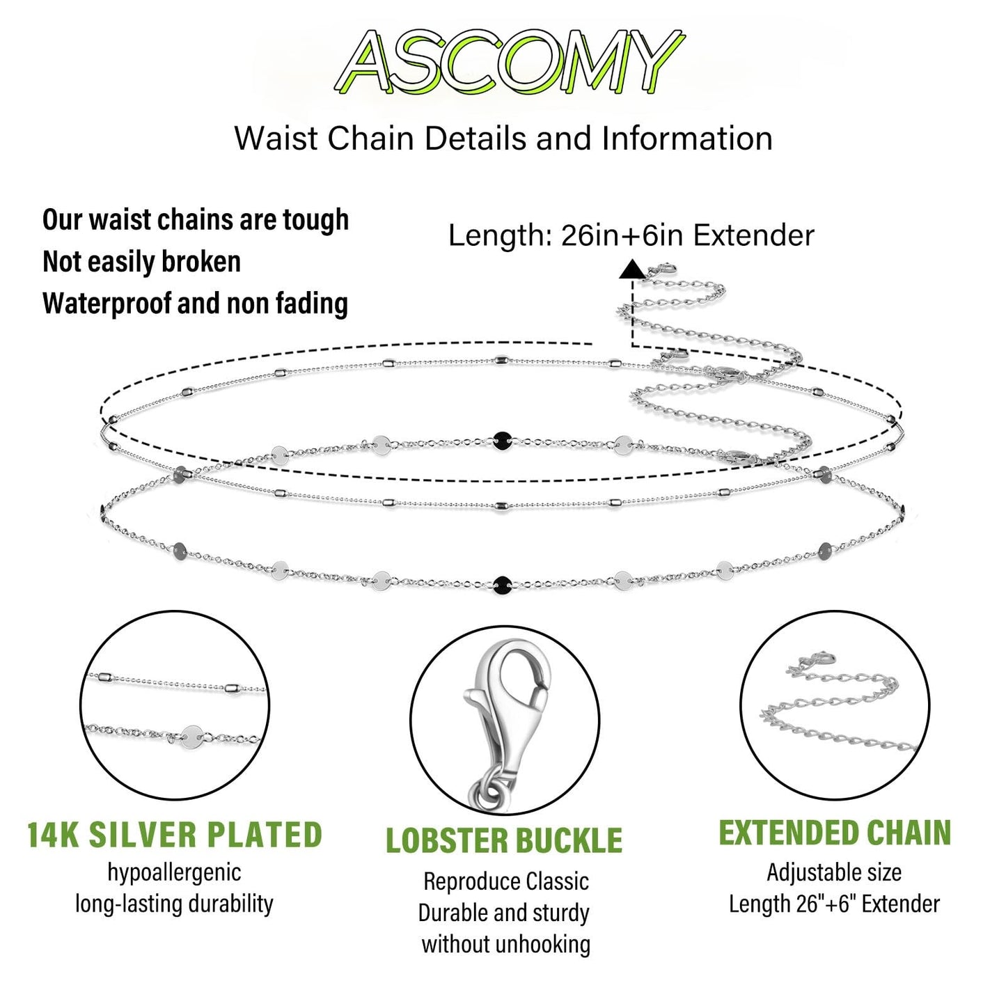 ASCOMY Waist Chains for Women 14K Plated 2Pcs Body Chains Silver Waist Chain Layered Coin Small Balls Belly Belt Body Chains Adjustable Bikini Body Jewelry Daily Chain Belts Gifts for Women