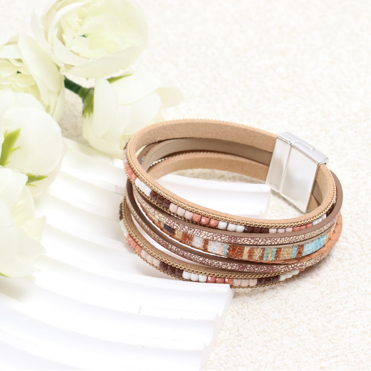 WQYILEAER Bracelets for Women, 2Pcs Leather Wrap Layer Bracelets Boho Rustic Multi-Layer Braided Bracelet Stack Bracelet for Women (Black Khaki)