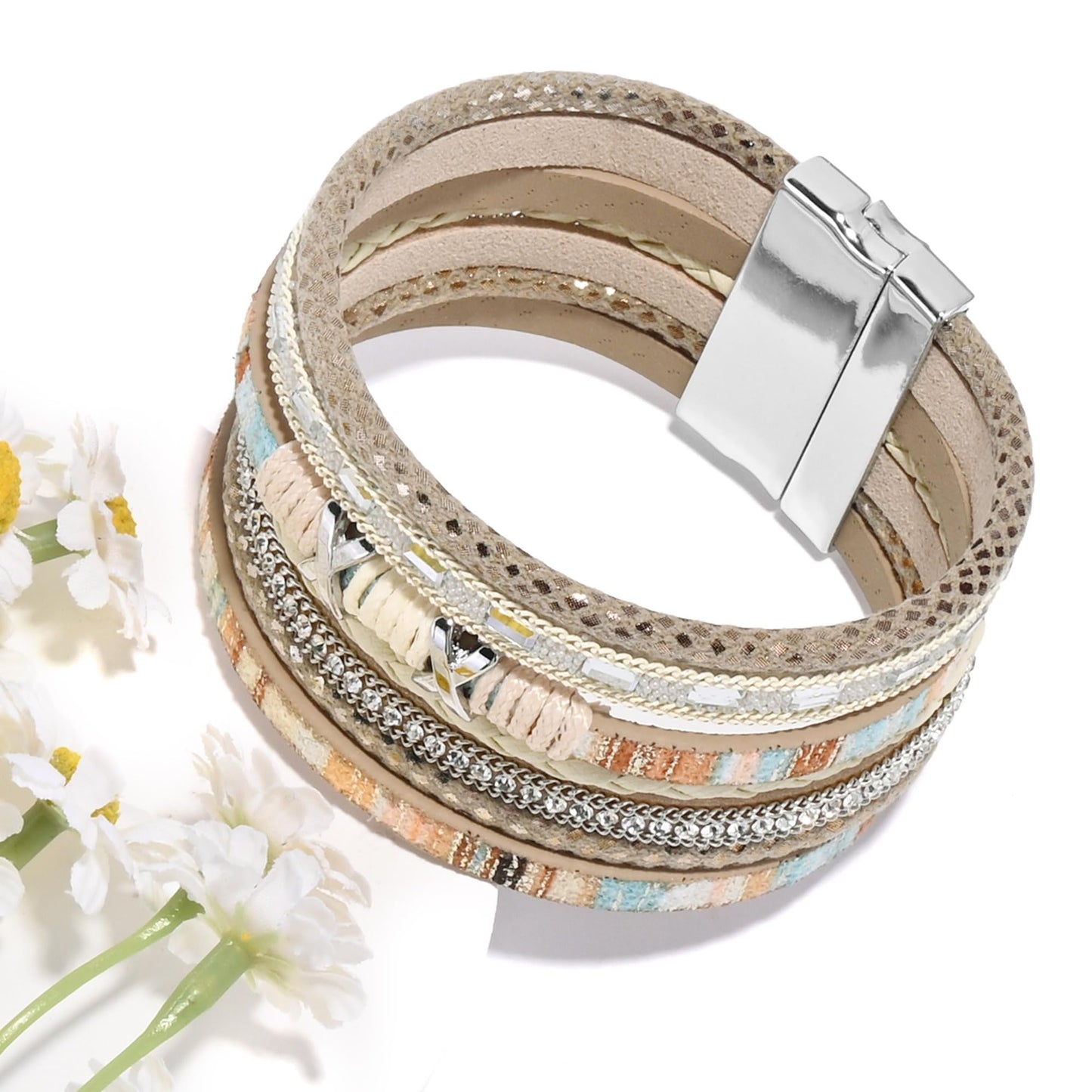 VIBILIA Boho Leather Wrap Bracelets for Women Trendy Layered Multi-Layer Boho Bracelets with Strong Clasp Jewelry for Women-Khaki