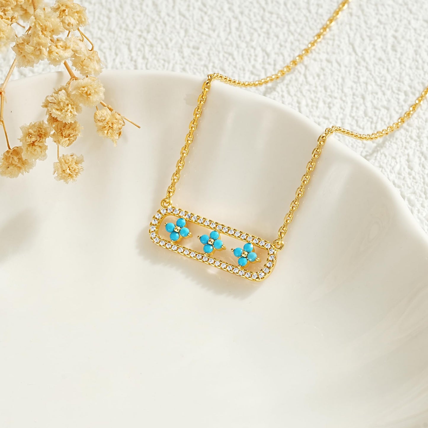 LOLAR RAY Triple Clover Bar Necklace 14K Gold Plated Turquoise & Diamond Accents Framed Pendant Adjustable Chain Chic Gift for Women