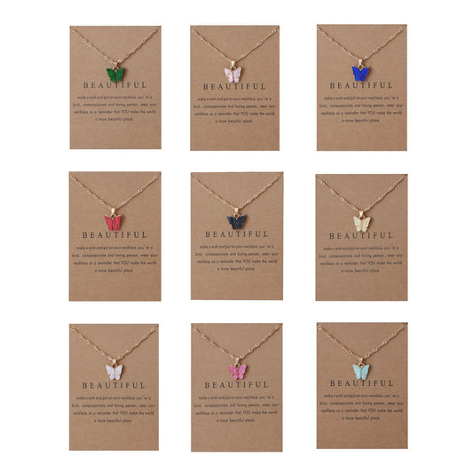 Rrdaily 9 Pcs Dainty Colorful Butterfly Pendant Necklace Set for Women,Bohemian Acrylic Butterfly Chain Necklace Cute Jewelry Gift (Style#B-gold card)