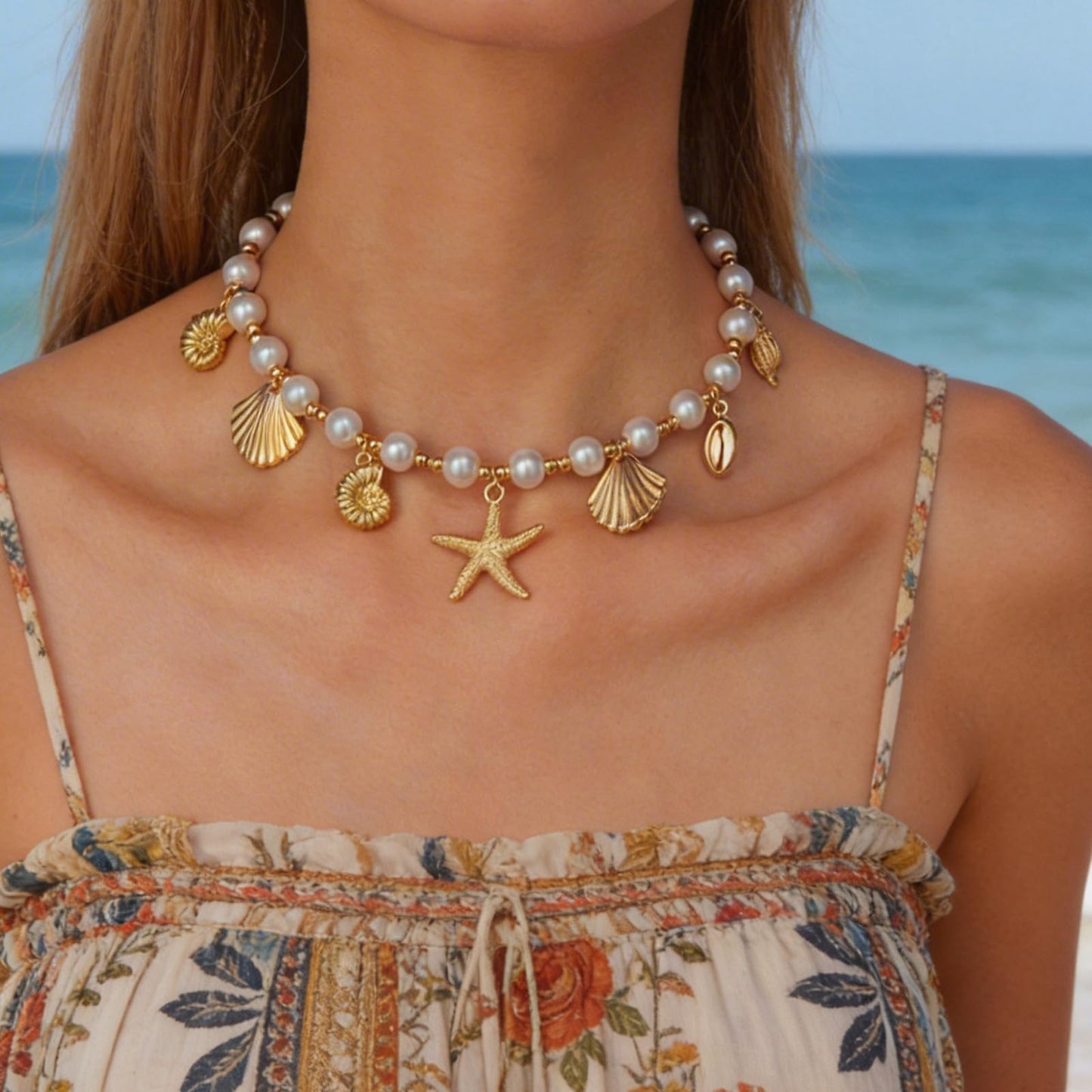 Frodete Starfish Necklace for Women Beach Necklaces Jewelry Layered Choker Drop Dangle Summer Vacation Outfits Theme Conch Seashell Accessories Ocean Pendant Dress Costume