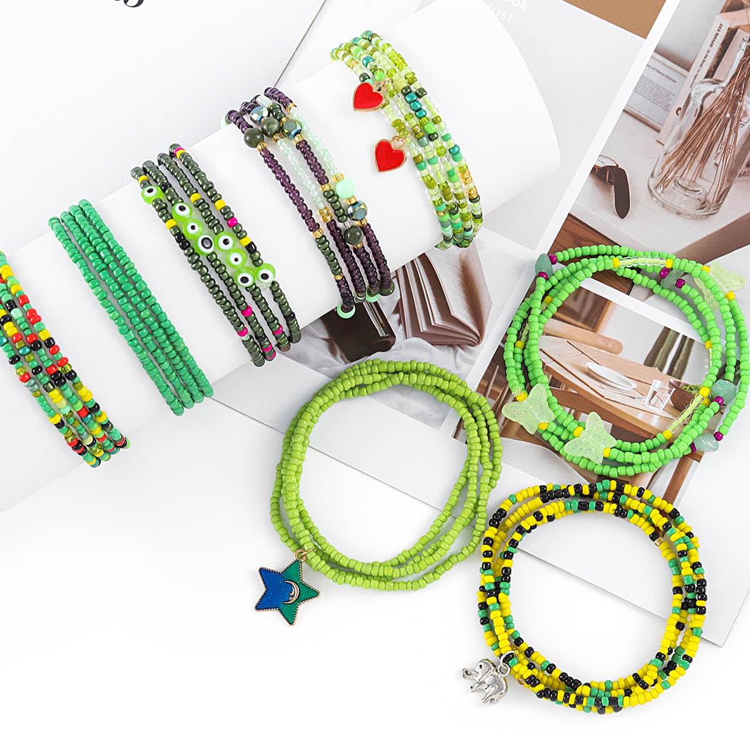 ELABEST 24-39inch African Waist Beads for Women 8Pcs Elastic Belly Beads Colorful Beaded Waist Jewelry Accessories Body Chain (Green, 39.3inch/100cm)