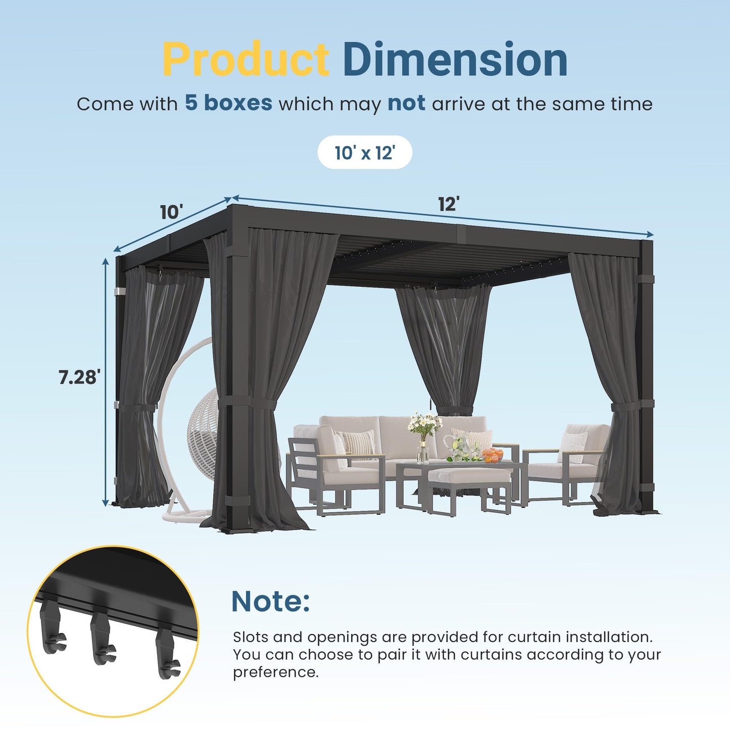 10' x 12' Louvered Pergola, Metal Outdoor Pergola with Adjustable Louvered Roof, Curtains & Netting, Patio Hardtop Gazebo with Gutter System for Deck, Garden, Yard, Dark Gray