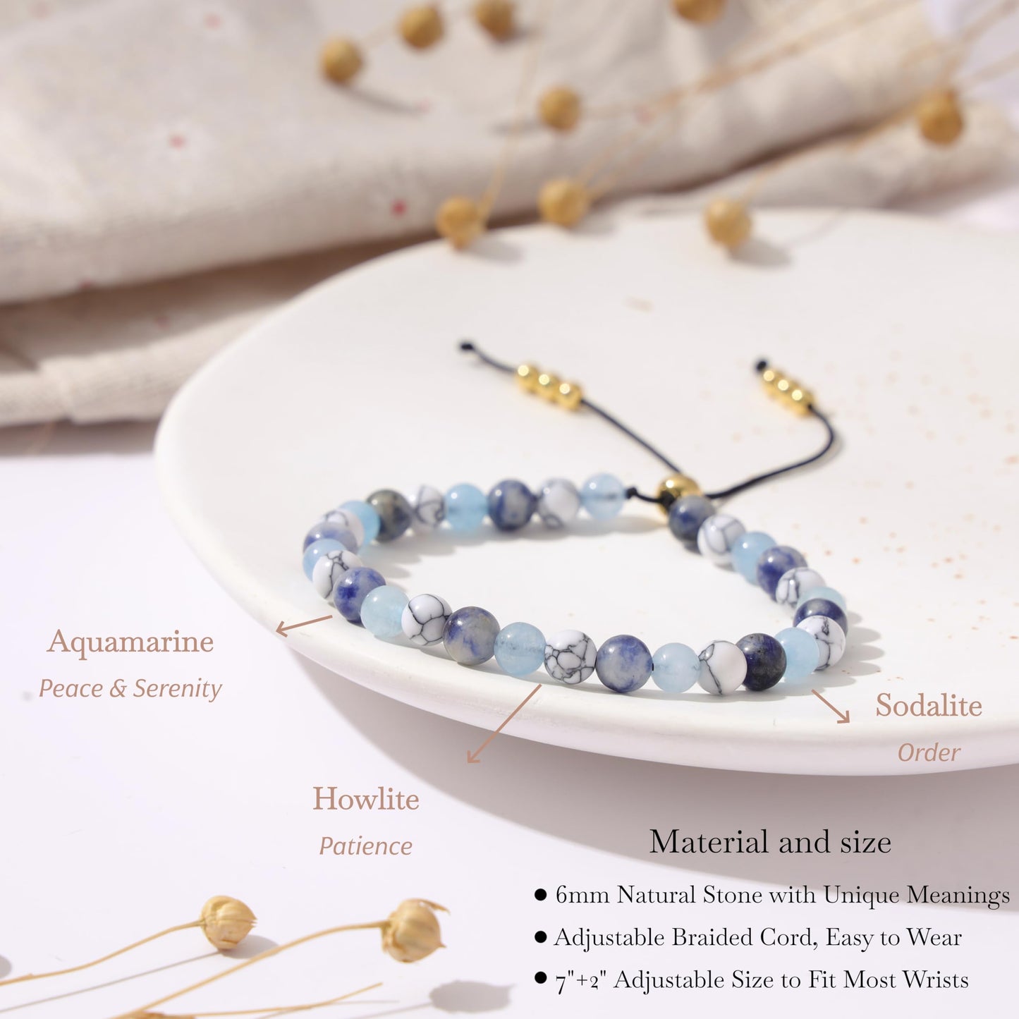 NUKAYAI Calming Bracelet for Women Gifts Healing Crystals Howlite Sodalite Aquamarine Jewelry Natural Stones for Women Friend Sister
