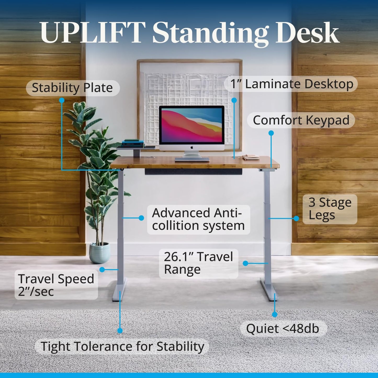 UPLIFTDESK V3 2-Leg Black Laminate Wood Standing Desk – Adjustable Height, Advanced 1-Touch Memory Keypad, Under Desk Cable Management, Wire Grommets & Rocker Board (Black C-Frame, 72 x 30 inch)