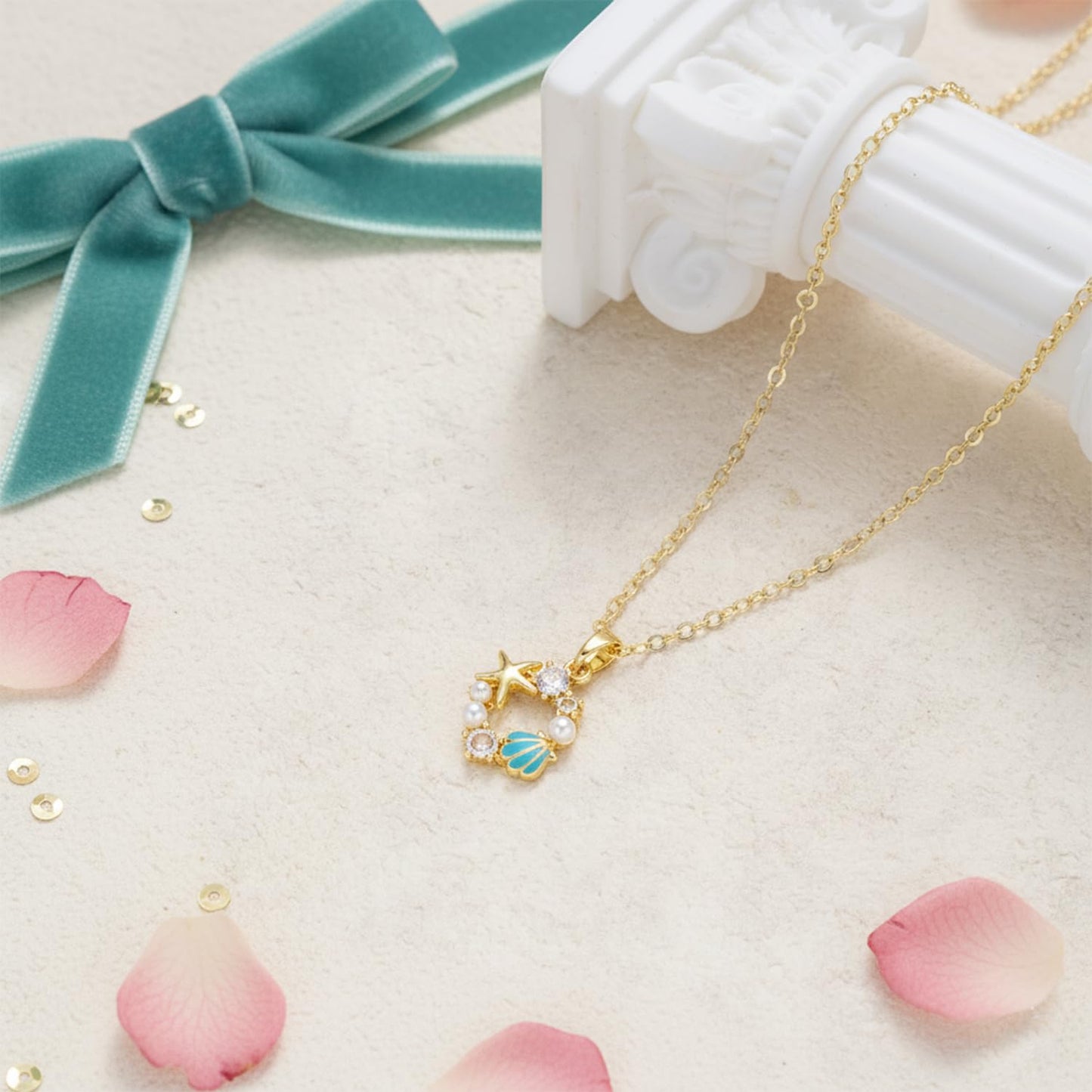GLUBU Dainty 14K Gold Plated Starfish Shell Pearl Charm Necklace for Women - Sparkling Cubic Zirconia Ocean Jewelry Gift