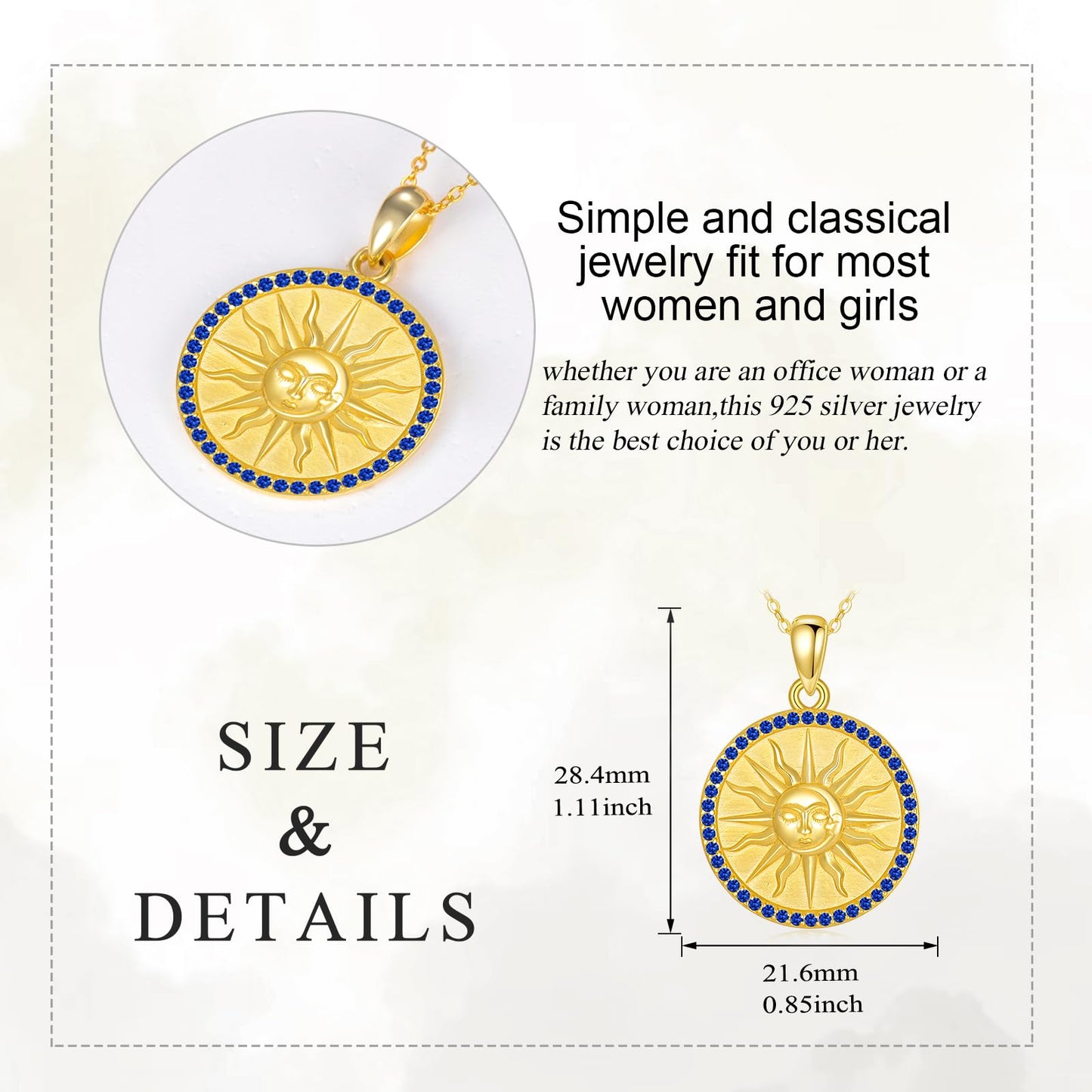KQF Sun Necklaces for Women Birthstone Jewelry Gift Sterling Silver Sun 18K Gold Plated Coin Pendant September Jewelry Gift