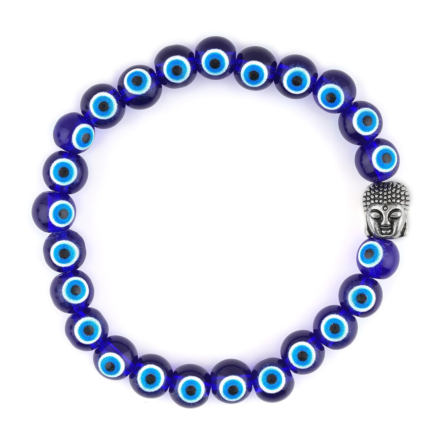 CRYSTALINES Buddha Charm Stretchable Braceclet, Blue Evil Eye Gemstone Beads, Plain Round Stones, Handmade Boho Strech Bracelet, Adjustable Spiritual Healing Crystal Unisex Jewelry Gift