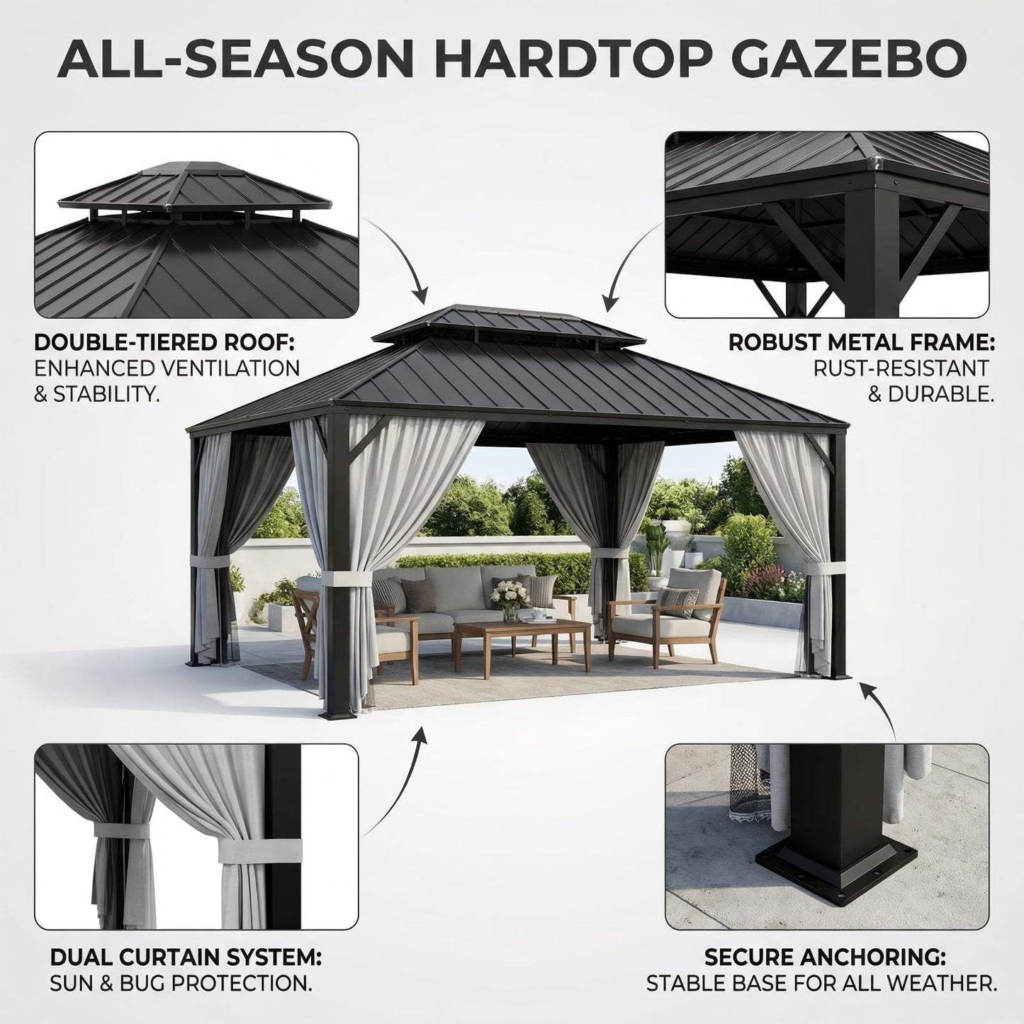 IRONCK 16'x12' Hardtop Gazebo, Update Aluminum Frame Gazebo with Galvanized Steel Double Roof, Outdoor Pergola with Curtain and Net, Backyard Canopy for Garden, Deck, Gray and Black