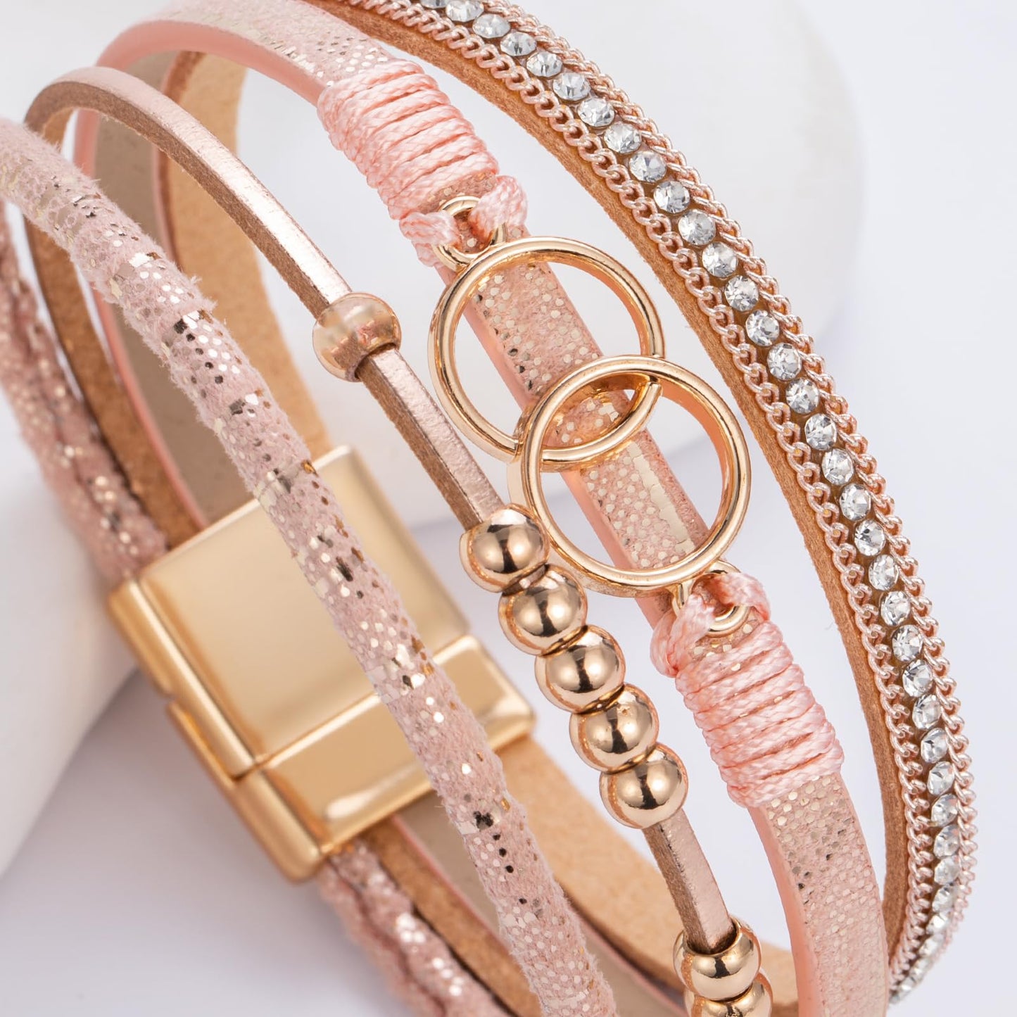 FANCY SHINY Boho Leather Wrap Bracelet Stackable Beaded Infinity Chunky Cuff Bracelets with Magnetic Clasp Western Hippie Outfits Jewelry Gifts for Women(Pink)