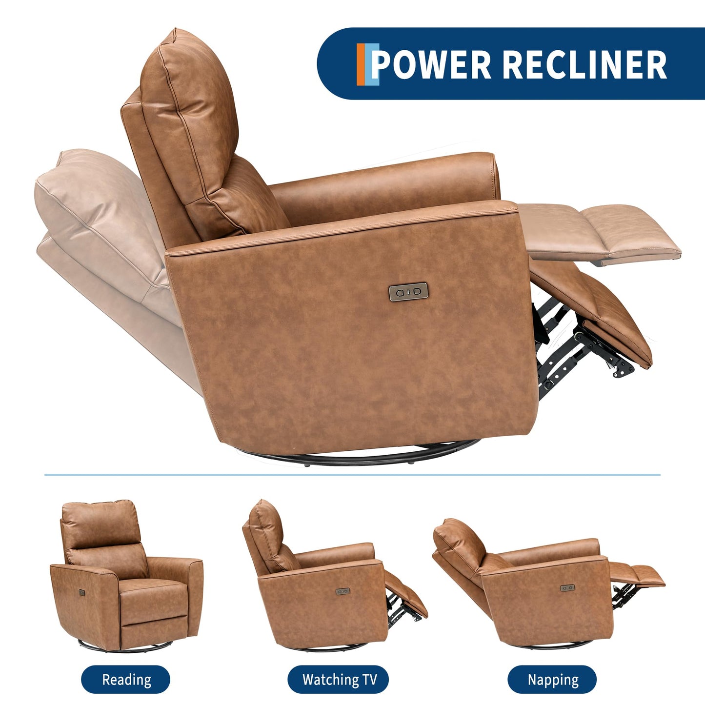 IDEALHOUSE Swivel Rocking Nursery Recliner Chair Rocker Recliner Glider Deep Seat PU Leather Sofa Chair with high Backrest for Nursery, Living Room, Bedroom & Home Movie Theater (Camel)