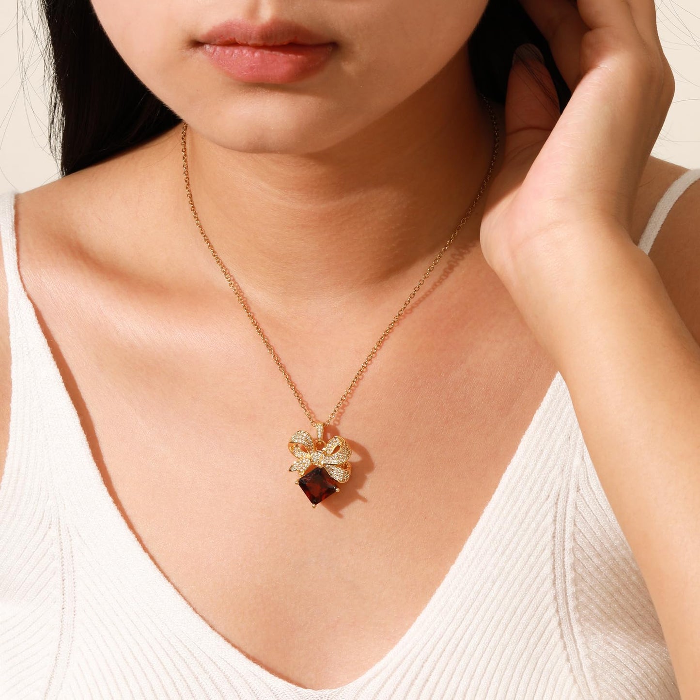 crataly Red Square Garnet Bow Necklace for Women-Gold Plated January Birthstone Vintage Necklace For Valentines Day Mother's Day Christmas Birthday Gifts