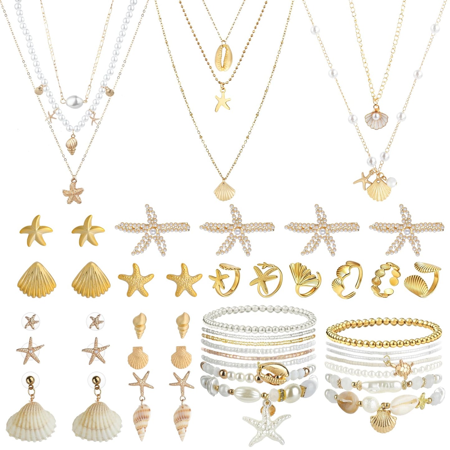 42 Pcs Starfish Seashell Jewelry Set Beach Jewelry for Women Summer Mermaid Accessories Layer Necklace Bracelets Stackable Rings Anklet Stud Earrings Pearl for Holiday Vacation Wedding Party Gifts