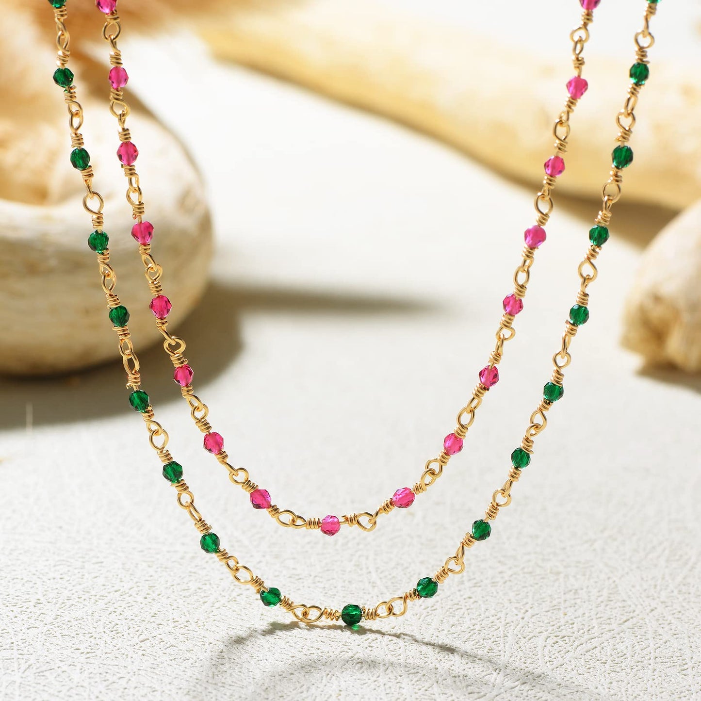 MTMY Beaded Necklace for Women 14K Gold Plated Dainty Colorful Beaded Pearl Choker Necklace Delicate Boho Choker Necklace Jewelry Gift (Crystal-green)