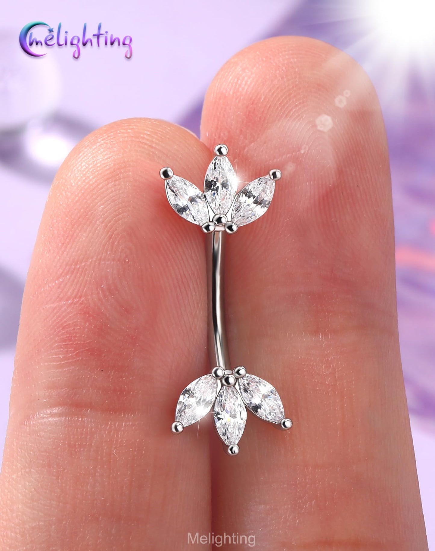 Melighting 14G Lotus Belly Button Ring, Double CZ Navel Ring 316L Surgical Stainless Steel Marquise 5A CZ Steel Belly Bar 8 mm
