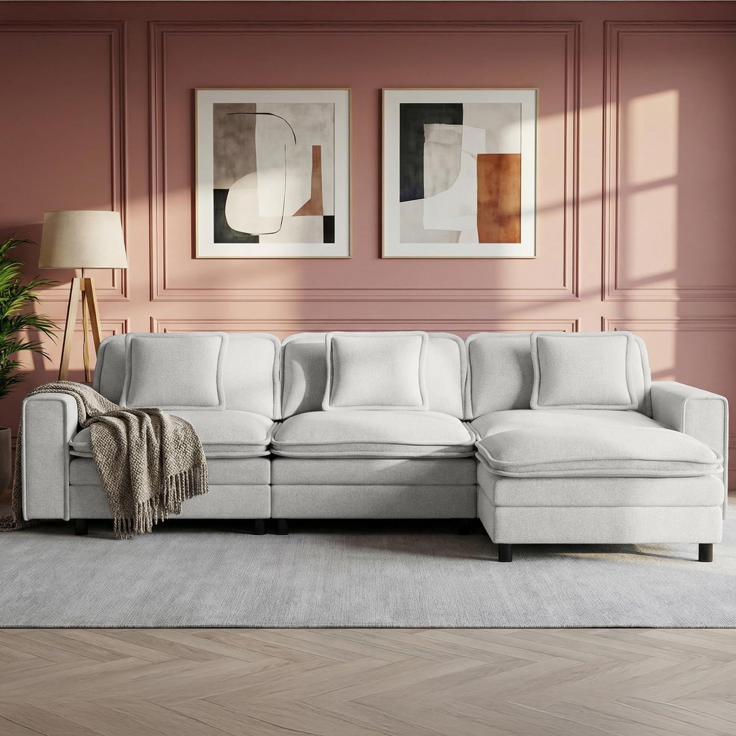 MALOL Modular Sectional Sofa 107", Comfy Cloud Couch with Ottoman, Deep 4-Seat L Shaped Modular Sofa, Couches with Throw Pillows for Living Room, Beige
