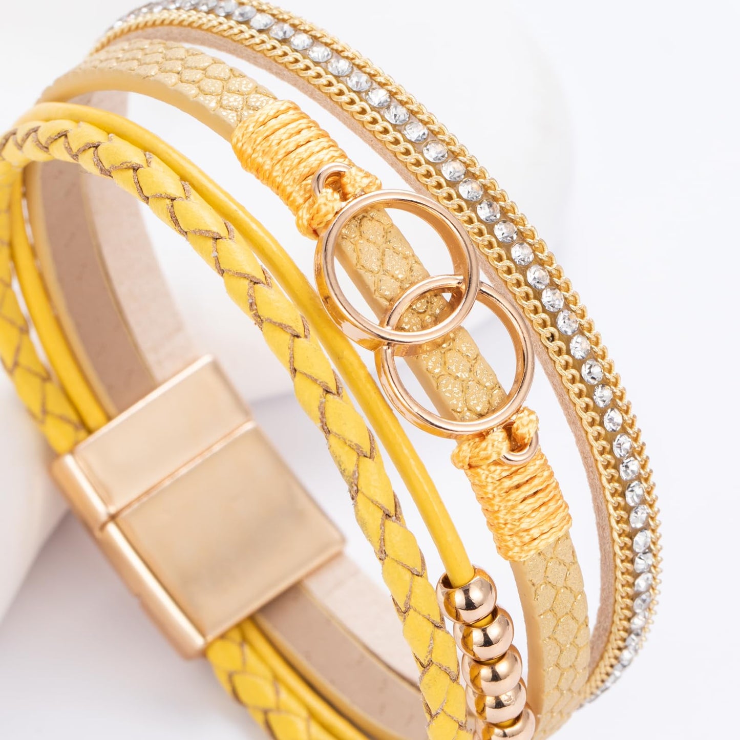 FANCY SHINY Boho Leather Wrap Bracelet Stackable Beaded Infinity Chunky Cuff Bracelets with Magnetic Clasp Western Hippie Outfits Jewelry Gifts for Women(Yellow)