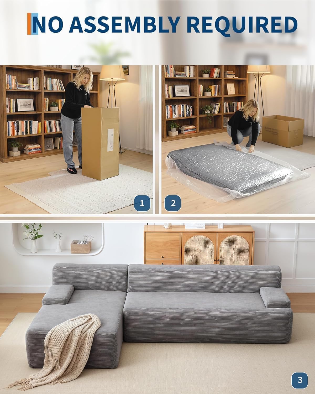MilleLoom 108" Sectional Couches for Living Room, Modular Sectional Sofa with L-Shape Chaise, Ultra Soft Corduroy L Shaped Couch Bed,Perfect Comfy Couches for Living Room, No Assembly Required