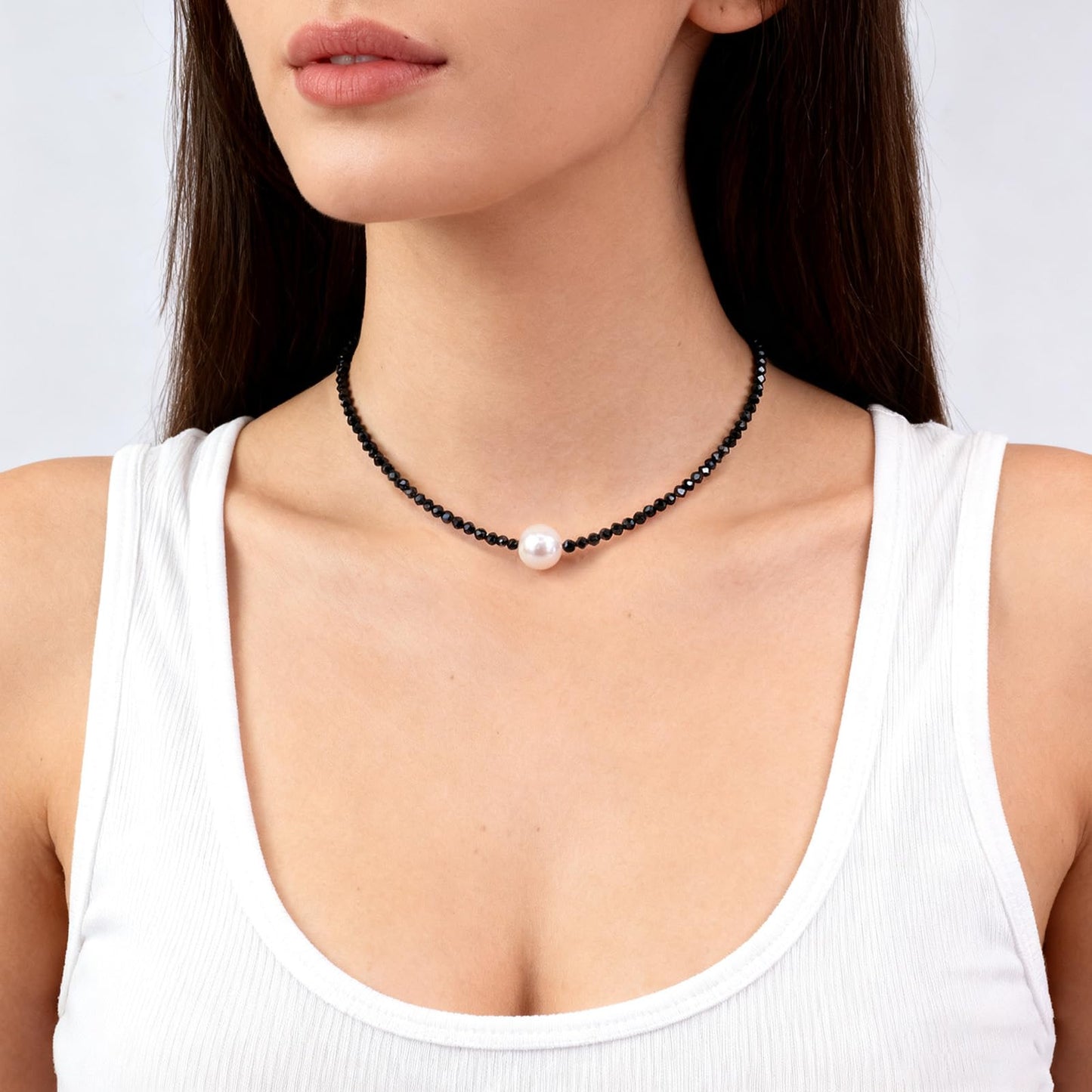 GEMTAL Dainty Single Pearl Pendant Necklaces for Women Trendy, Womens Black Stone Beaded Choker Necklace, Delicate Round Freshwater Pearl Necklace Jewelry Gift for Women Girls(Black/White)