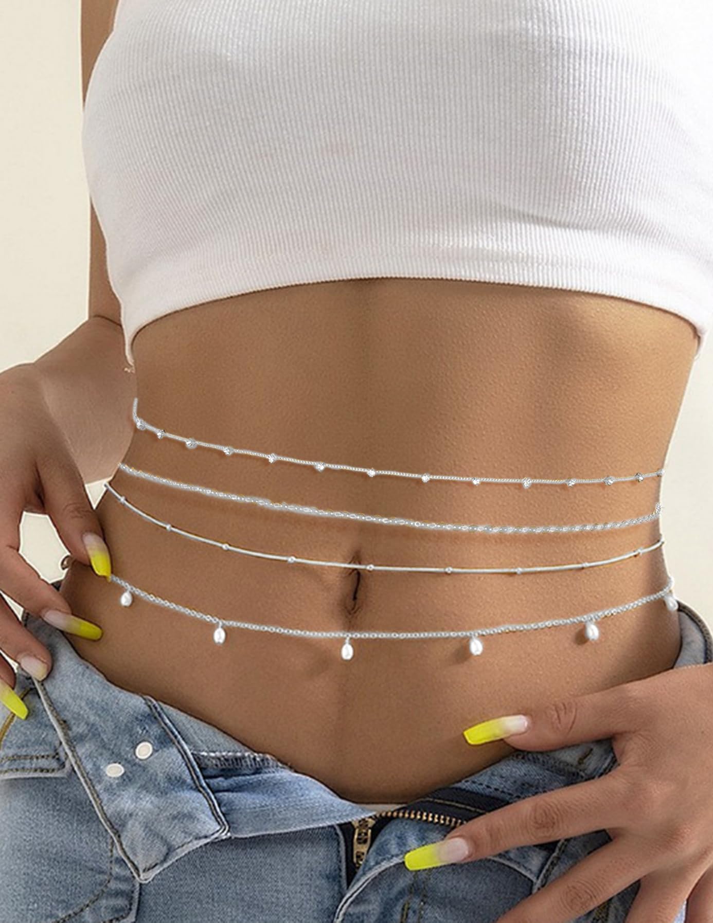 Tornito 8Pcs Waist Belly Chain CZ Heart Pearl Snake Bead Sequin Paperclip Belly Chain Summer Beach Sexy Body Chains Jewelry Accessories for Women Adjustable