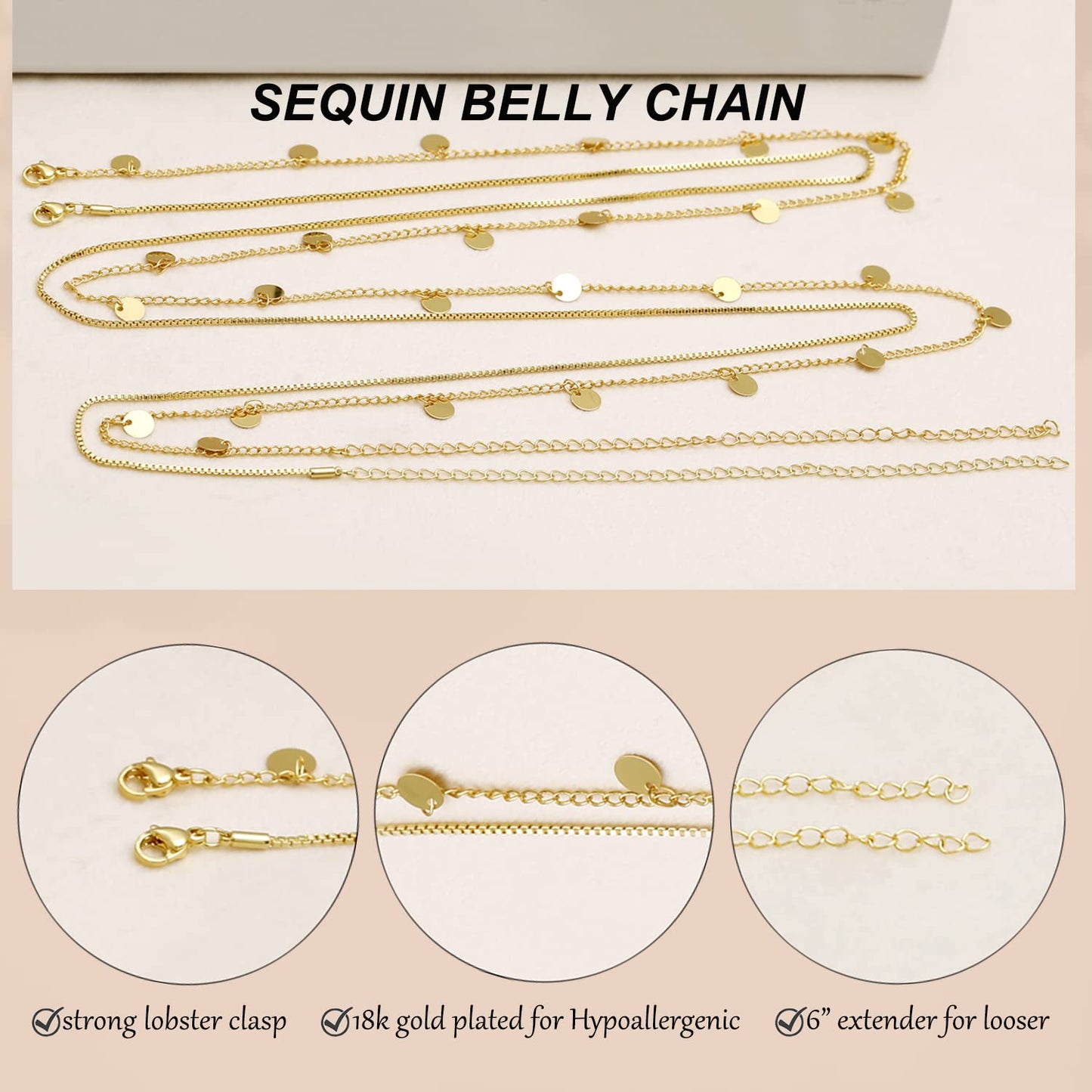 Honsny 2PCS 25-43Inch 18K Gold Plated Waist Chain Minimalist Pearl Belly Body Chain Gold Layered Sexy Bikini Body Chains Waist Jewelry for Women