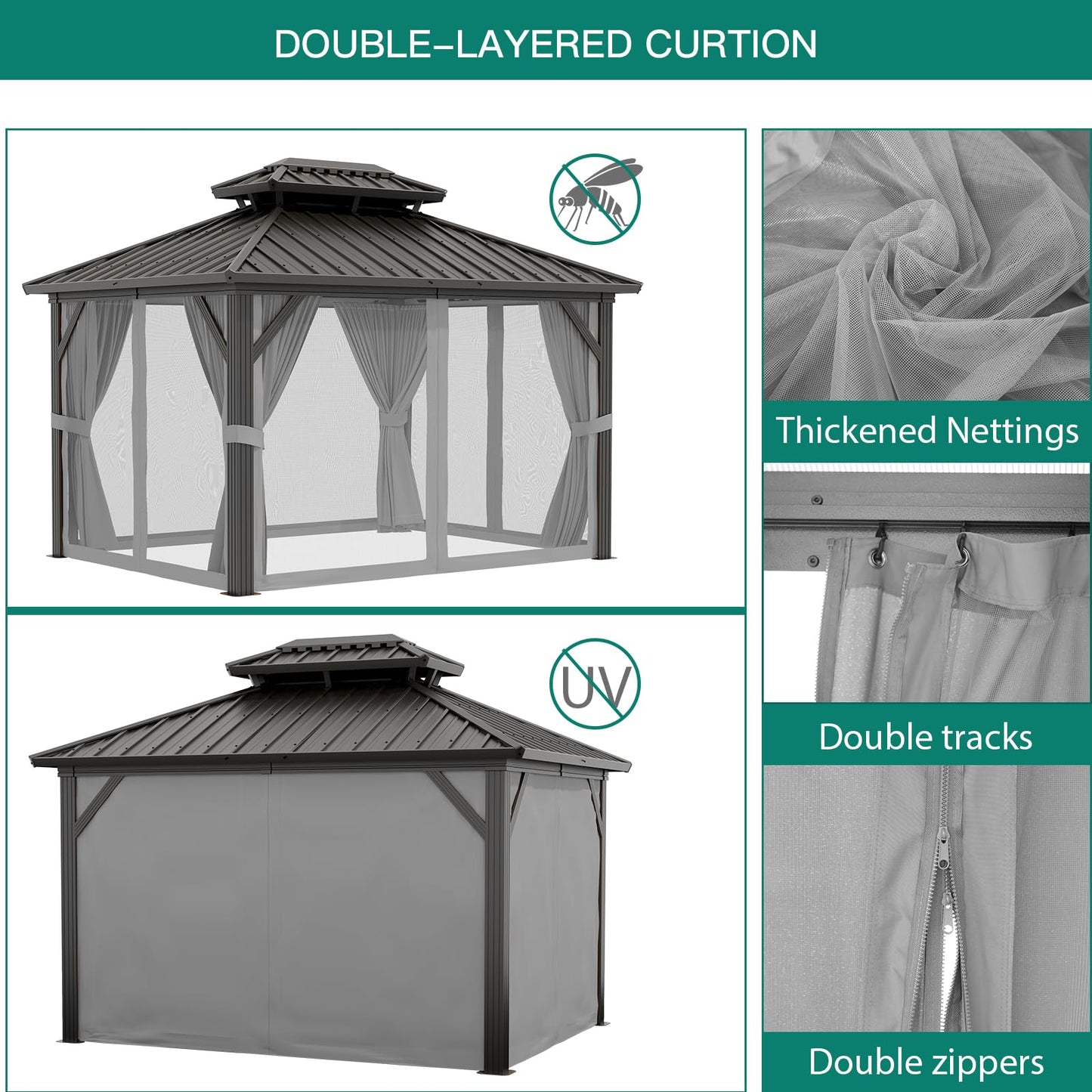 12'x10' Hardtop Gazebo, Heavy Duty Aluminum Permanent Hardtop Gazebo Outdoor Pavilion with Curtains and Netting for Garden