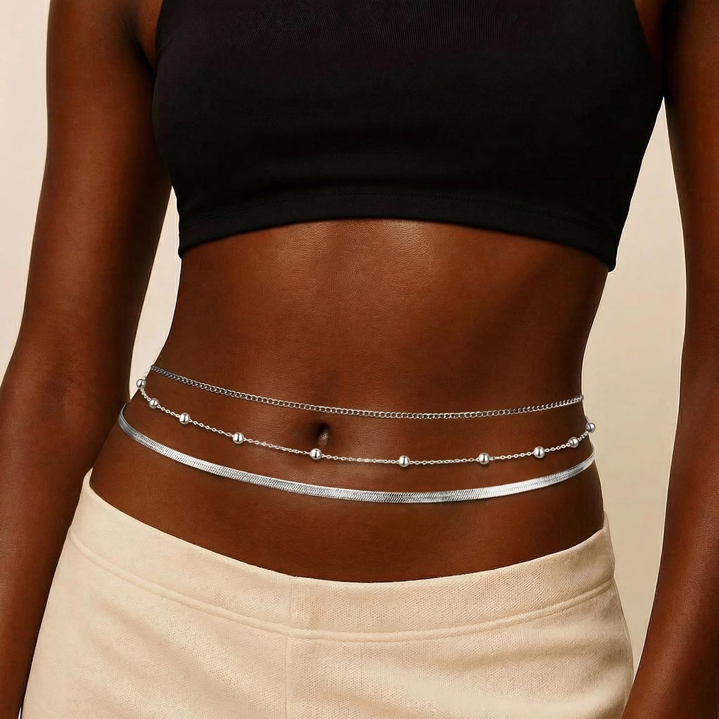 HERSIN Waist Chain for Women, 3 Pairs Silver Plated Layered Belly Belt Chains Beach Waist Beads Chain Waterproof Herringbone Snake Body Chain Summer Jewelry Accessories for Women