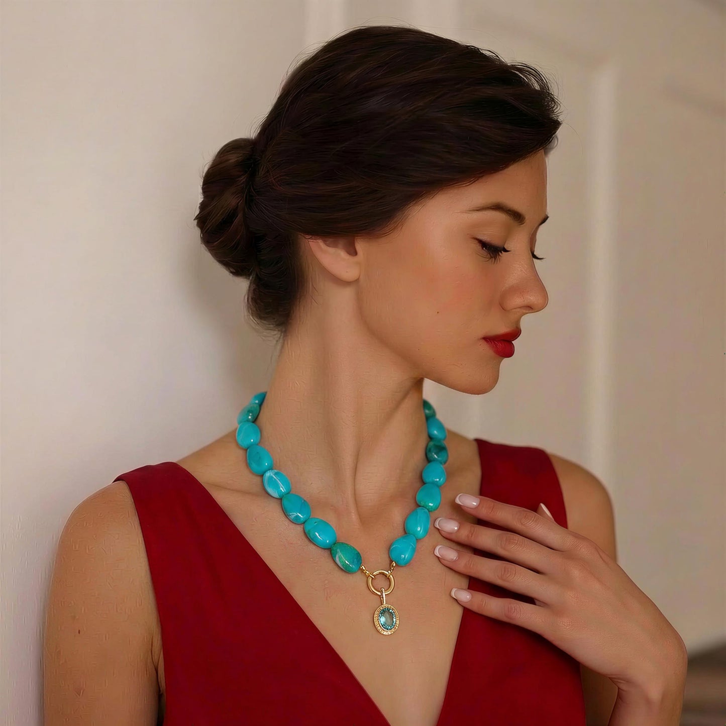 RepaTime Turquoise Beaded Necklace for Women, 14K Gold Plated Acrylic Resin Chunky Choker, Dainty Cubic Zirconia Pendant Necklace, Boho Jewelry for Wedding Party Birthday Gift