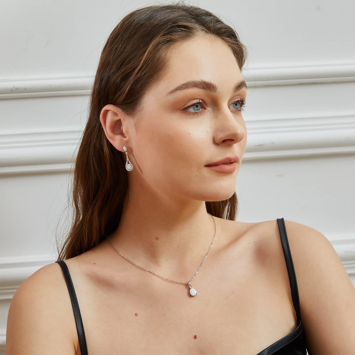 VOLUKA Created White Fire Opal Pendant Necklace for Women|8 * 10mm Teardrop October's Birthstone Gemstone Necklace|18K White Gold Plated Pear-Shaped Wedding Engagement Jewelry Gifts 19.5 inches